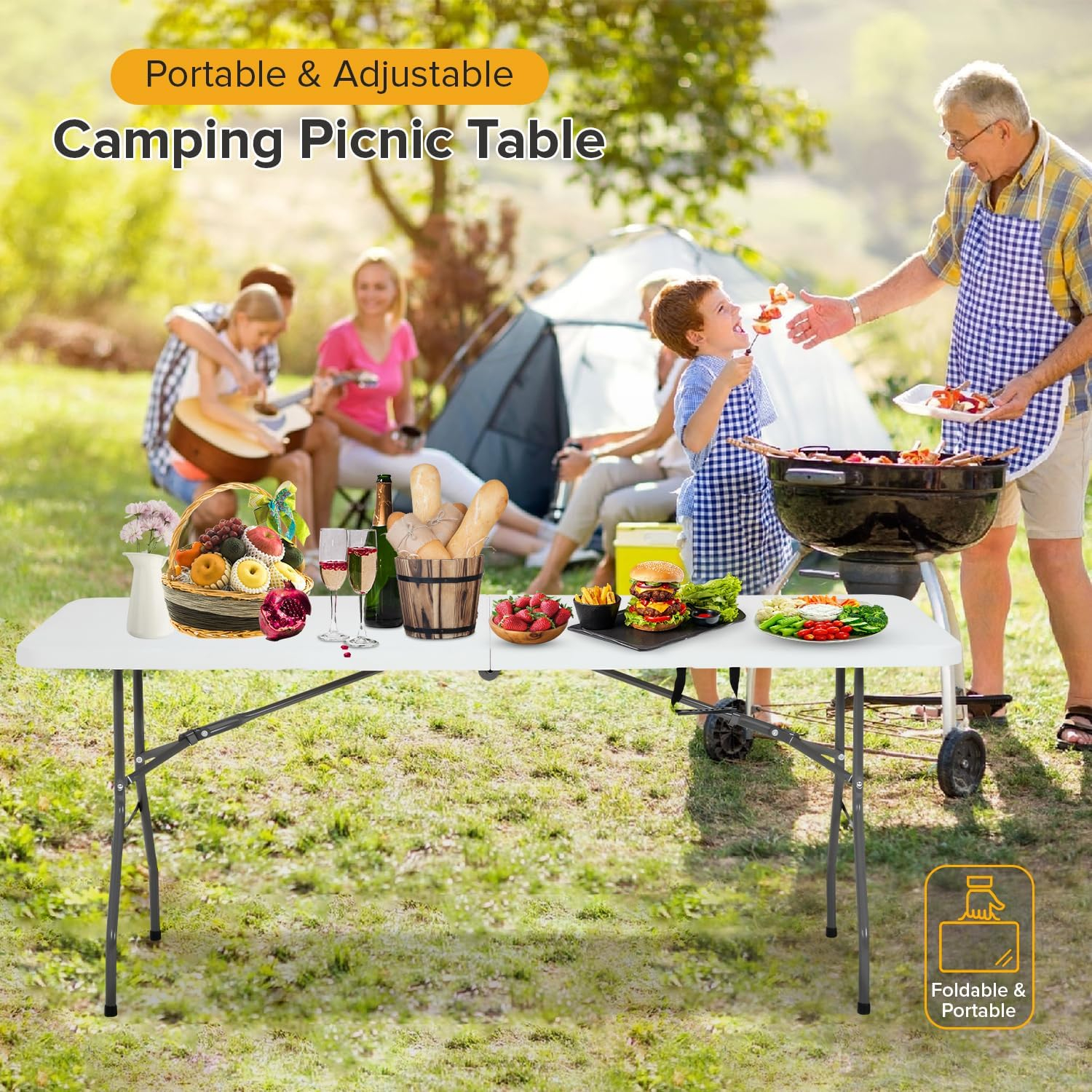 6 Foot Folding Table, Portable Plastic Dining Table, Fold-in-Half Heavy Duty Table Indoor Outdoor for Camping, Picnic, Party, BBQ, Wedding, White