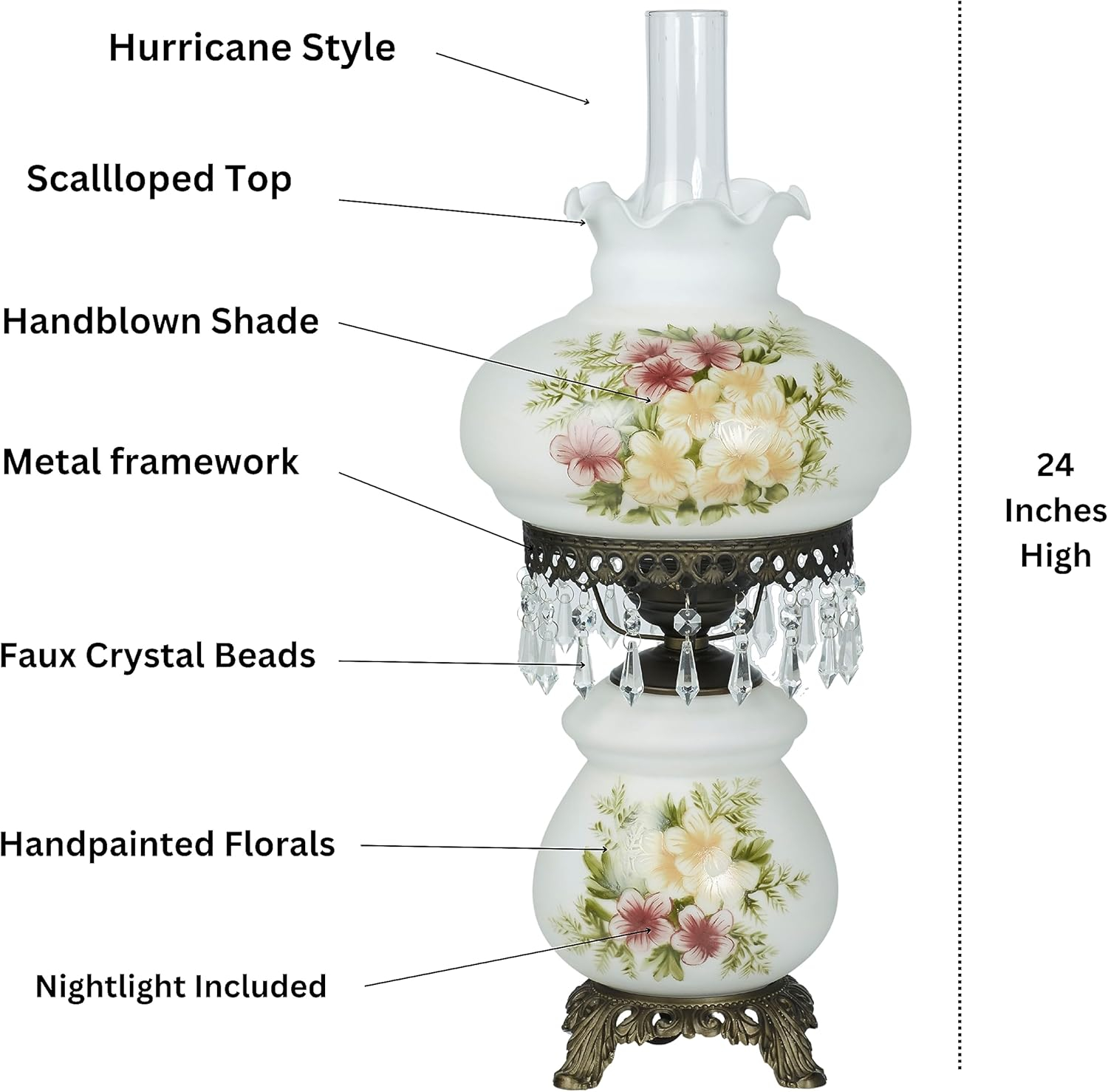 Abigail Hurricane Style Table Lamp - Antique Victorian Aesthetic - Painted by Hand - Floral Designs - Vintage Lighting for Bedroom, Living Room, Office Desk, Hotel