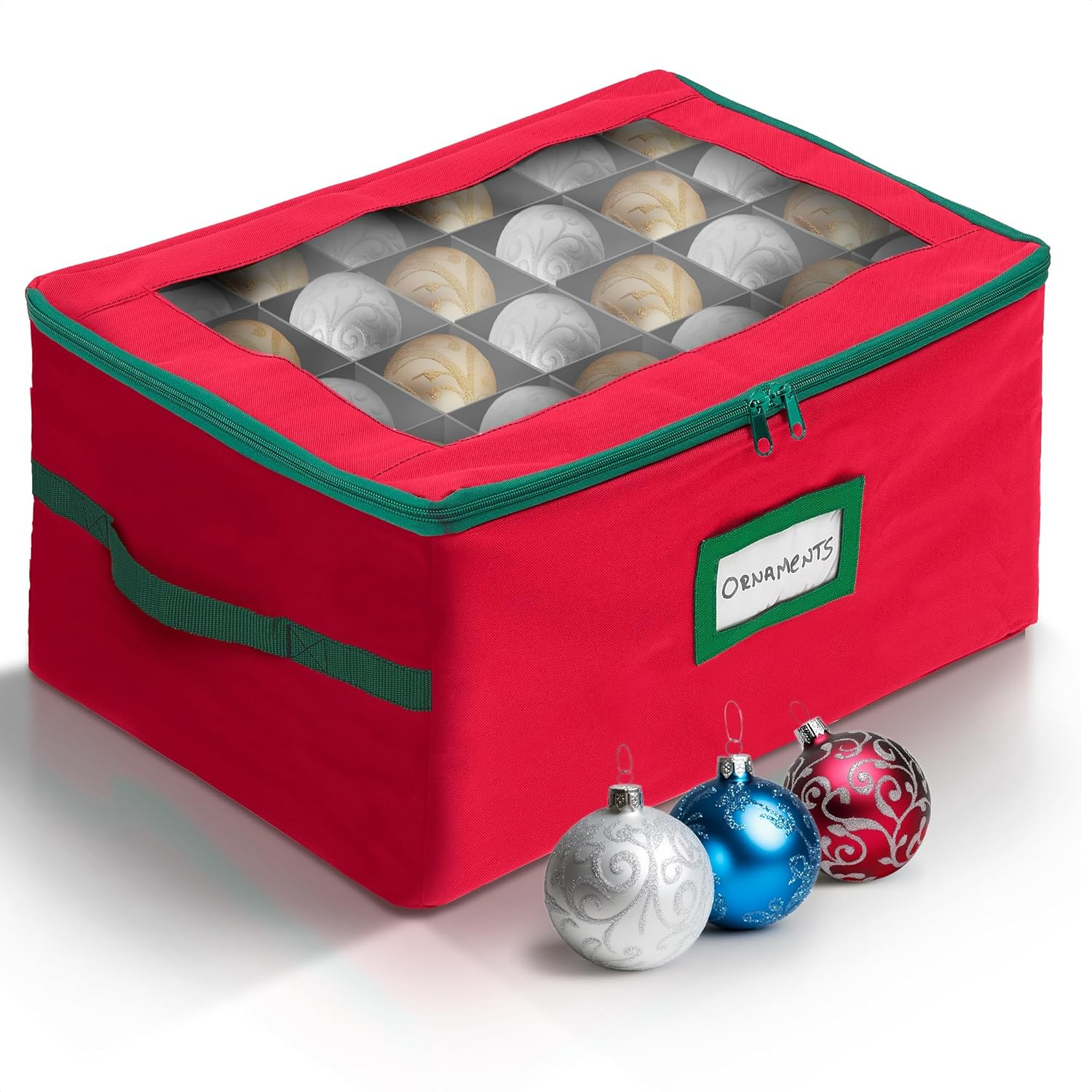 HOLDN’ STORAGE Christmas Ornament Storage Box with Dividers - Fits 72-3” Ornaments, 3 Removable Trays, Durable & Space-Saving, Clear Top Lid, Convenient Storage Designed, Red