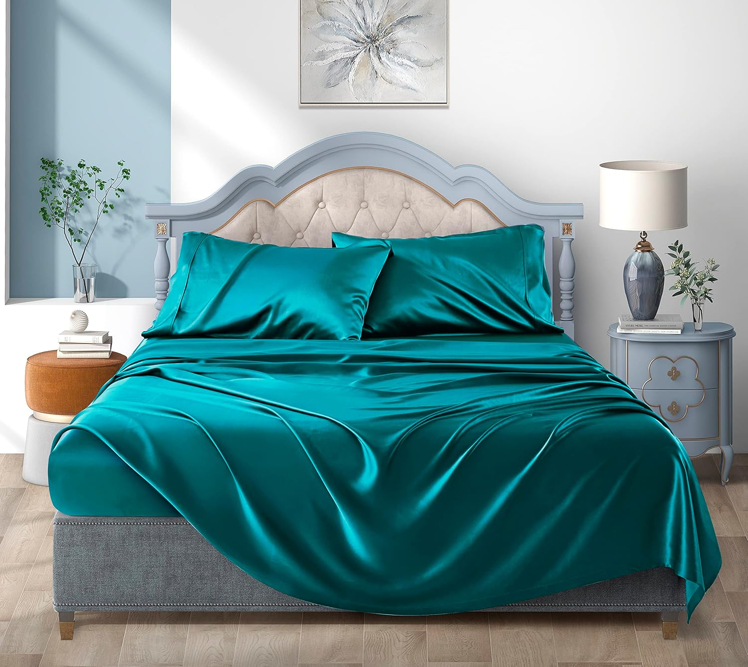 Teal Satin Full Size 4-Piece Bedding Set with Deep Pocket