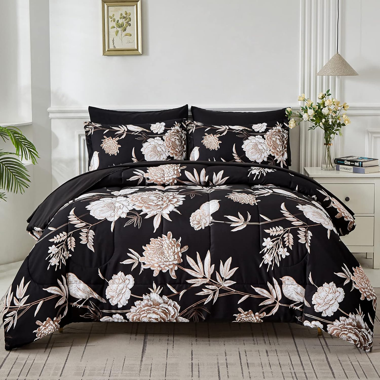 DANTUL 7 Piece Bed In A Bag Queen Comforter Set Botanical Floral Bedding Set,White Flowers Leaves Printed On Black Reversible Design,Soft Microfiber Comforter With Sheet Set,All Season