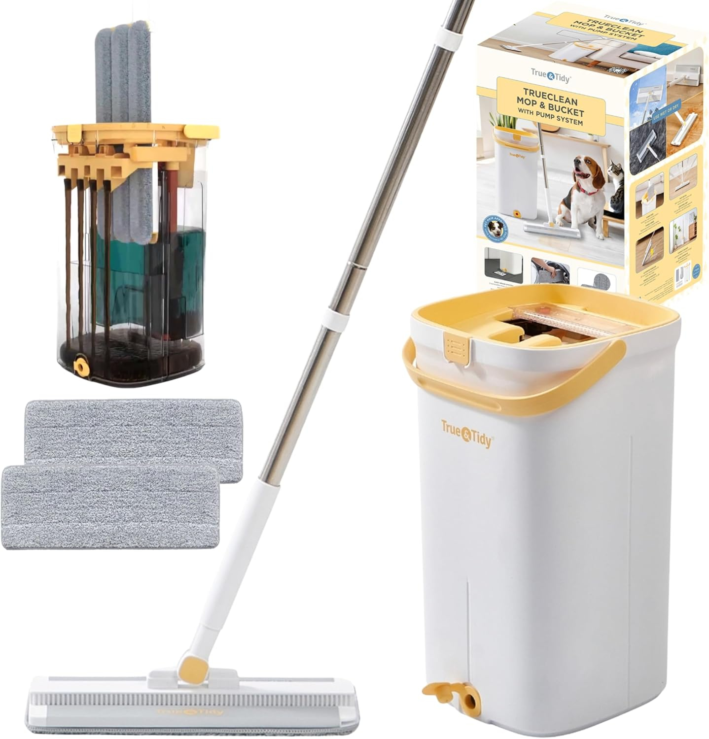 True & Tidy® TrueClean Mop & Bucket Spin Mop Pump System, Patent Pending 3 Compartments Separate Clean & Dirty Water, Hands-Free Self-Wringing Aluminum Head, Machine Washable Pads, in Gift Box
