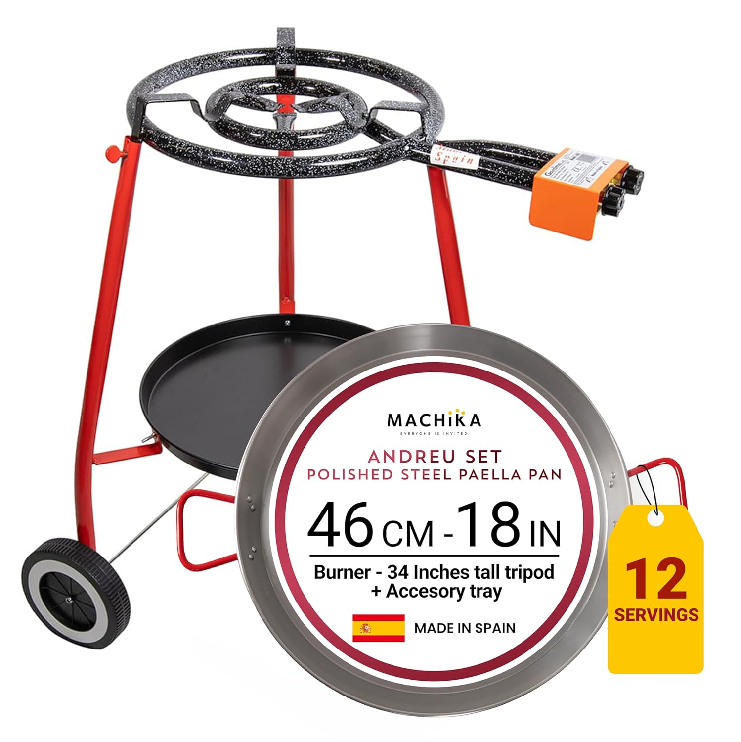 Machika Paella Pan Set with Burner Carbon Steel Outdoor Pan and Legs Manufactured by Garcima (Andreu I 12 Servings)