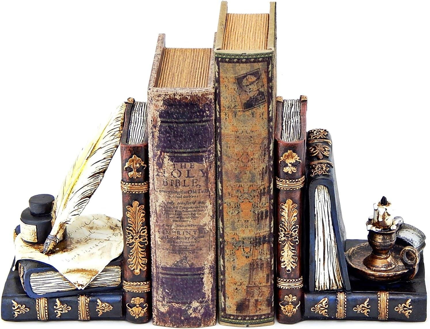 Bellaa 26324 Vintage Bookends Wizard Feather Quill Pen and Ink Bottle with Oil Lamp Antique Style Farmhouse Cottage Lodge Magic Home Decor