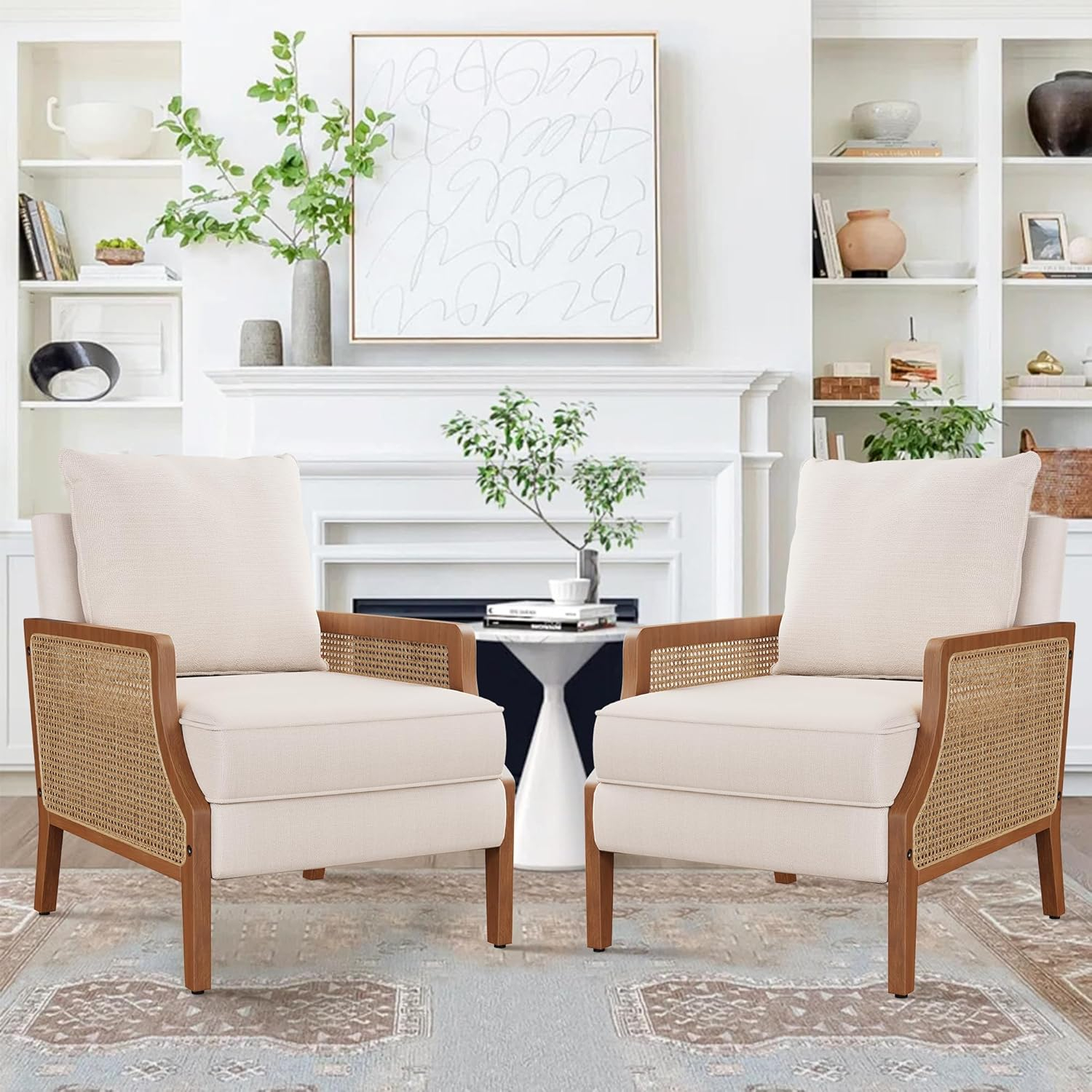 HAOBO Home Mid Century Modern Accent Chair Upholstered Living Room Chairs Armchair with Rattan Armrest Comfy Reading Chair with Wood Frame Lounge Side Chair with Waist Cushion