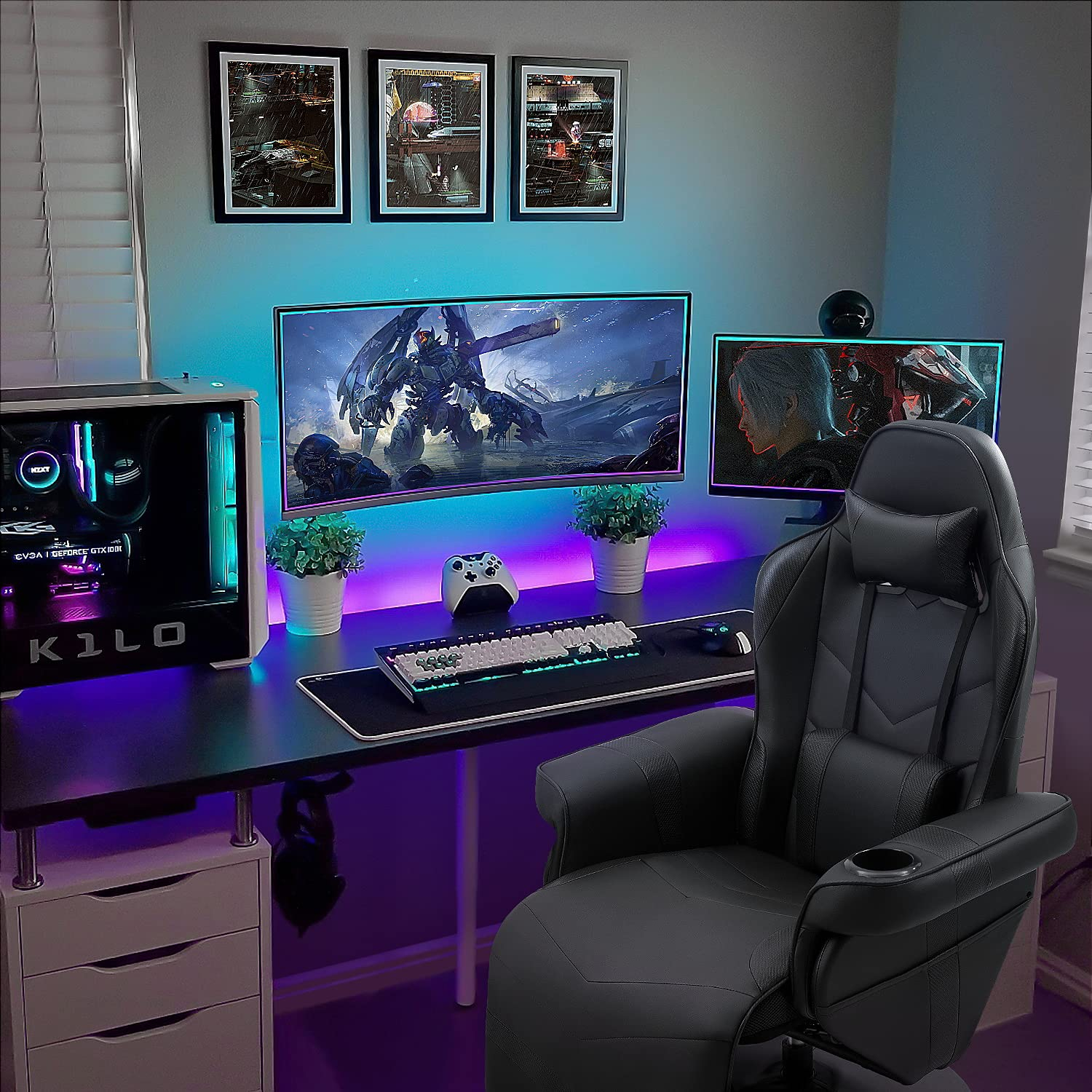 Homall Computer Racing Style Pu Leather Ergonomic Adjusted Reclining Video Gaming Single Sofa Chair with Footrest Headrest and Lumbar Support (Black)