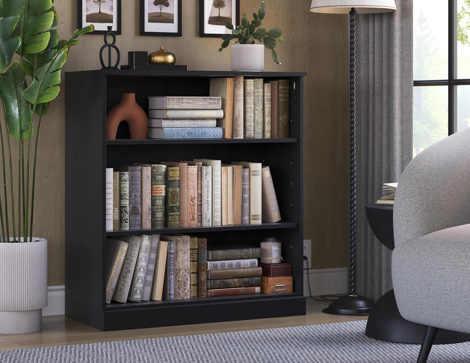 Palace Imports 100% Solid Wood 3-shelf Bookcase with Adjustable Shelves, Black