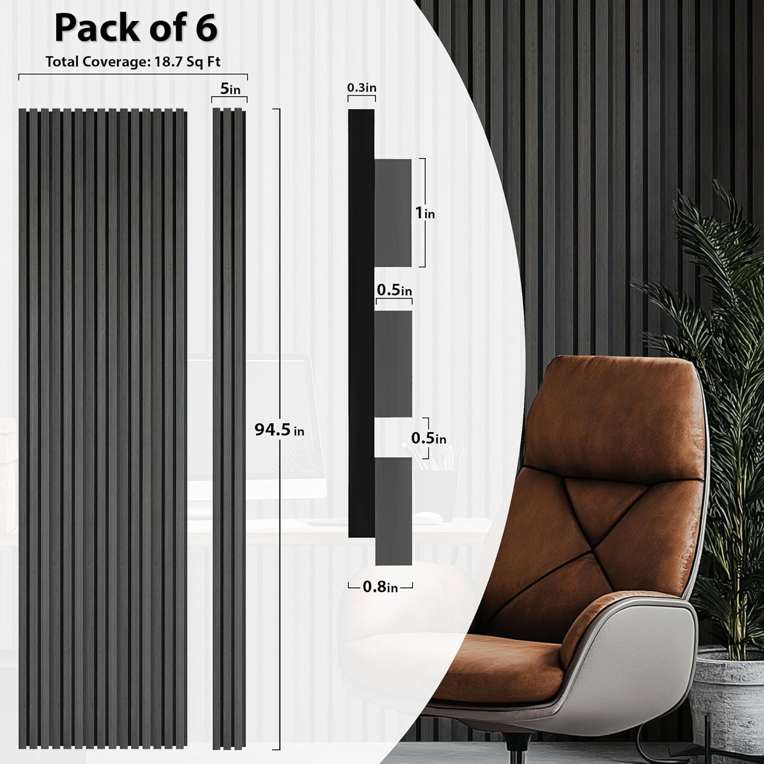 CONCORD WALLCOVERINGS ™ Acoustic Wall Panels – Wooden Sound-Absorbing 3D Veneers for Noise Reduction & Soundproofing, Home Theater - 94.5" x 5" (Pack of 6, Covers 18.7 Sq Ft) - Charcoal COA1420