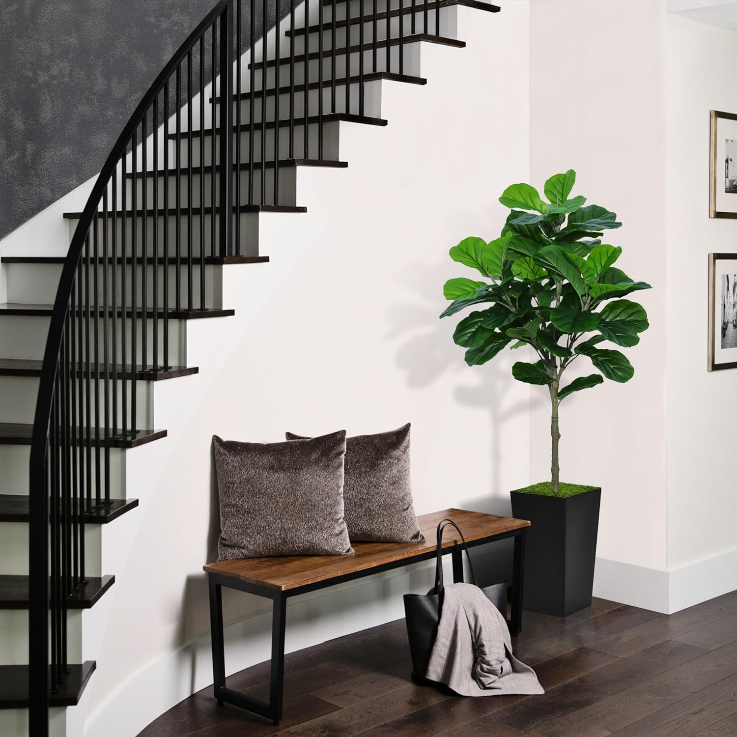 Fiddle Leaf Fig Tree Artificial 5FT - Faux Fiddle Leaf Fig Plant with Black Tall Planter - Fake Ficus Lyrata Floor Plant in Pot - Artificial Fig Tree for Home Office Living Room Decor Indoor