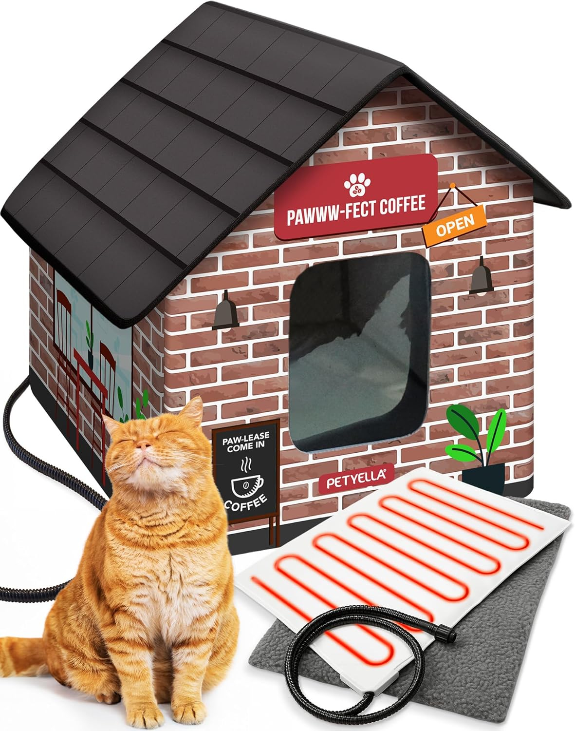Deluxe Heated Cat House for Winter - Weatherproof, Insulated, Easy Assembly, Cat Heating Pad, Dual Escape Doors, Outdoor & Indoor Cat House - Coffee Pethouse