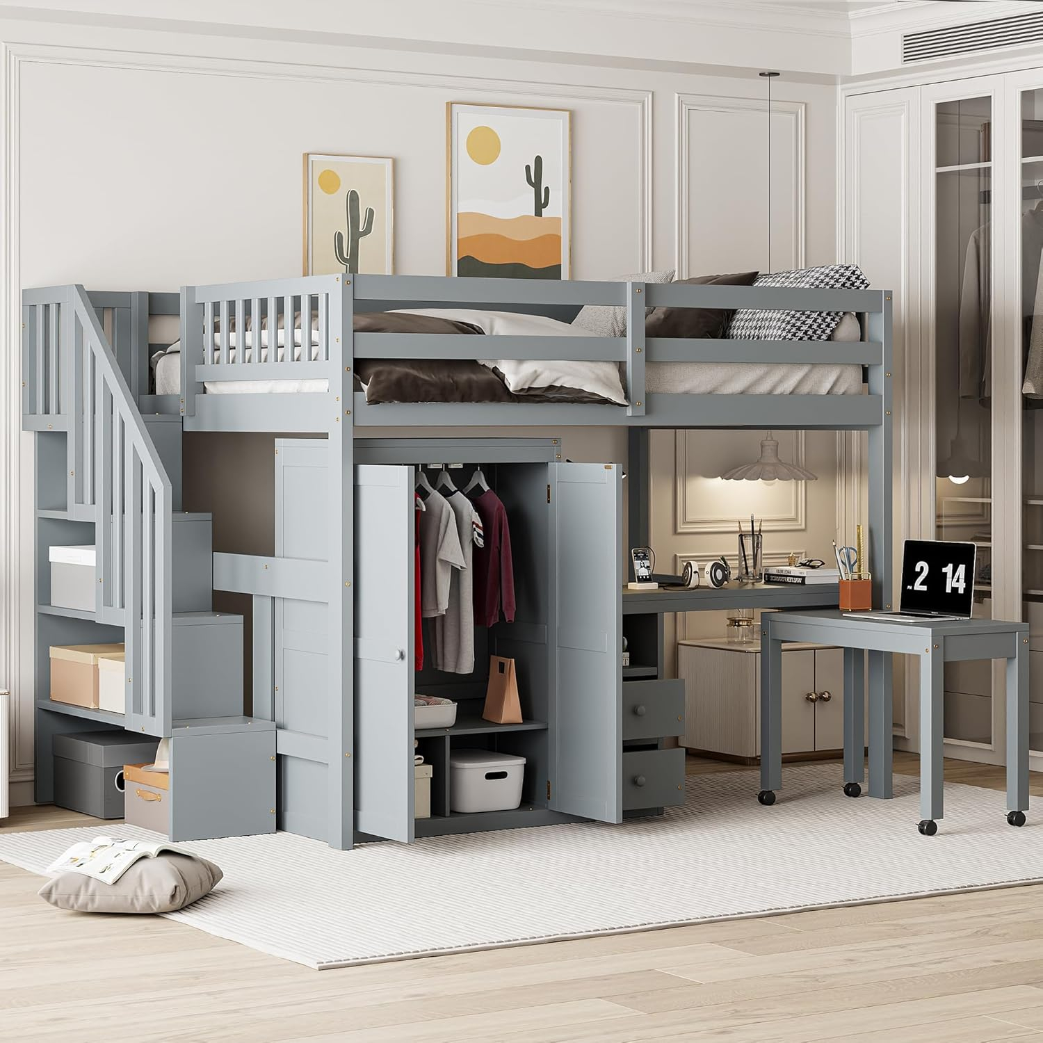 Harper & Bright Designs Full Size Loft Bed with Desk, Wood Full Loft Bed with Stairs, Bookshelf, Drawers & Wardrobe – Space-Saving Multifunctional Furniture, Gray