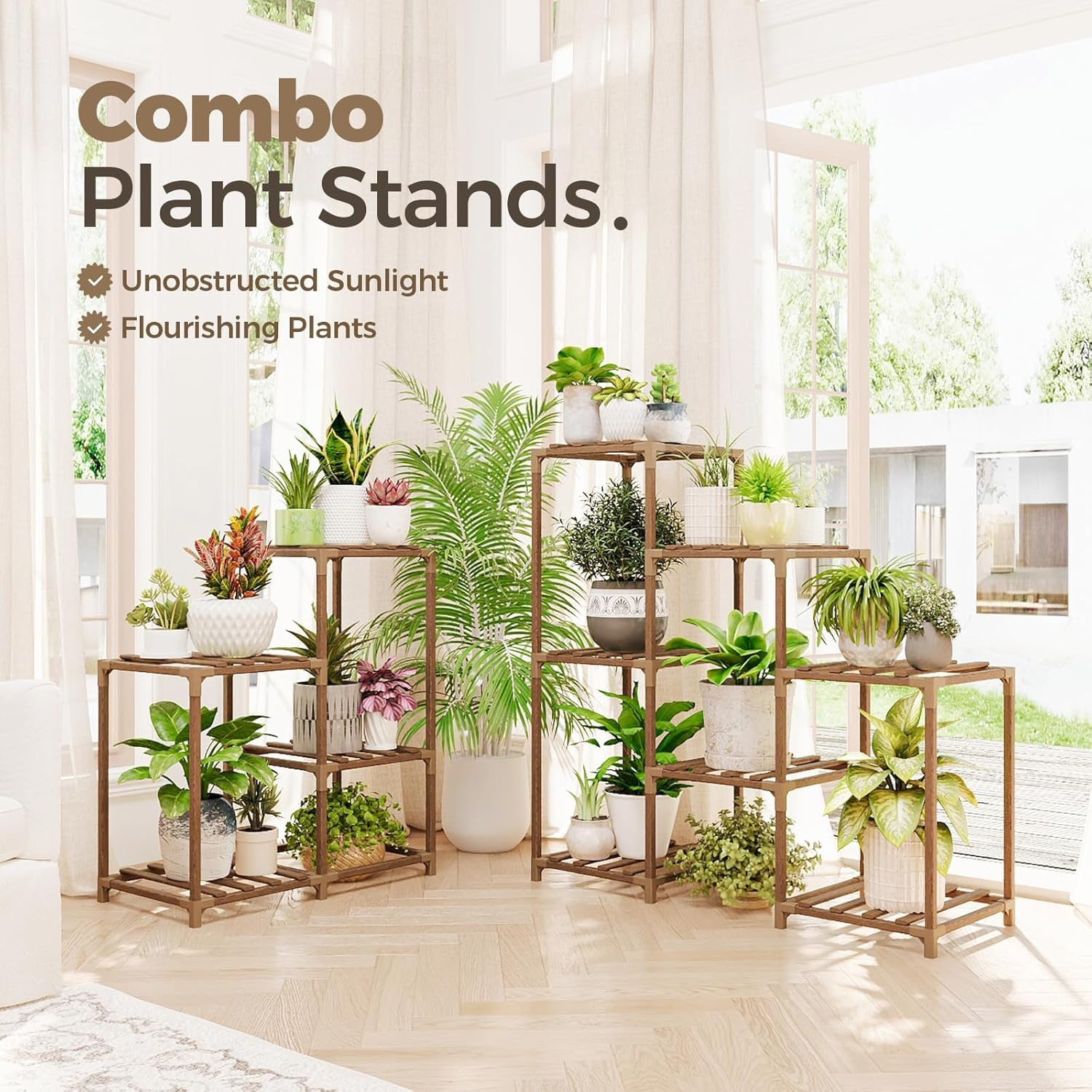 Bamworld Plant Stand Indoor Outdoor Tall 5-Tier Corner Plant Shelf 13 Potted Flower Shelves Wooden Plant Stands Garden Wood Plant Holder Rack for Living Room Balcony Patio Decor Gifts for Women Mom