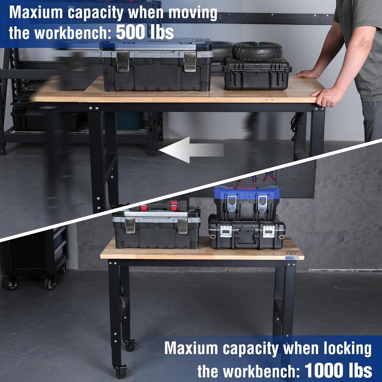 WORKPRO Garage Workbench, 48"X22" Adjustable Workbench with Wheels, Rubber Wood Top Heavy-Duty Workstation with Power Outlets, 1000 LBS Stationary Load Capacity, for Workshop, Garage