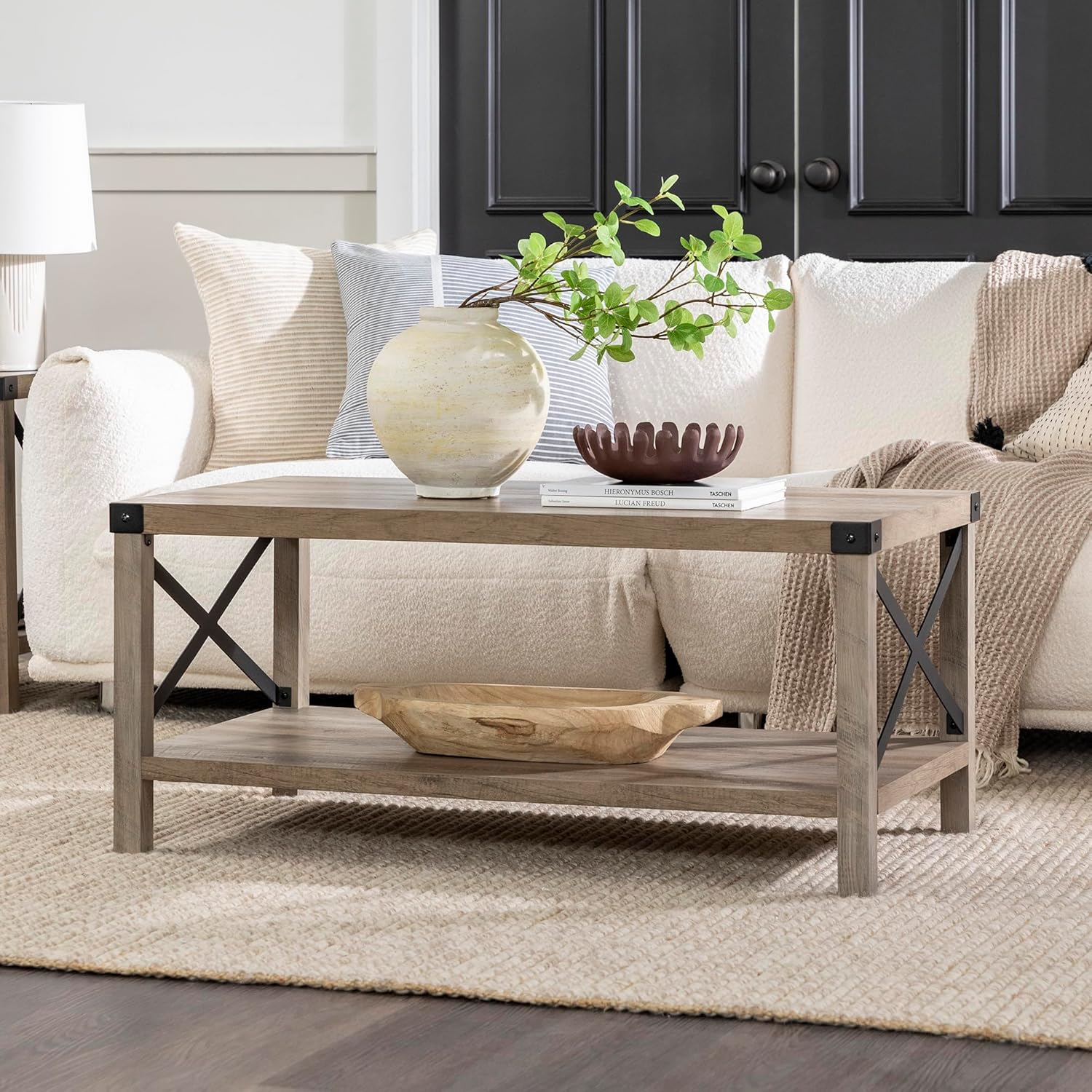 Walker Edison Magnolia Metal X Coffee Table, Gray Wash