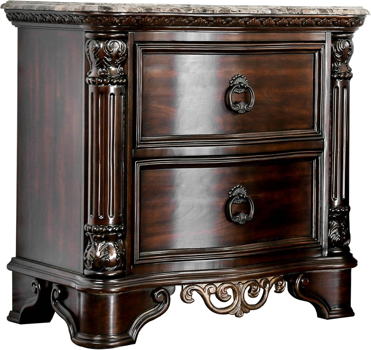 Benzara 30 Inch Nightstand with 2 Drawers, Classic Marble Top, Ornate Pilasters, Dark Cherry Brown