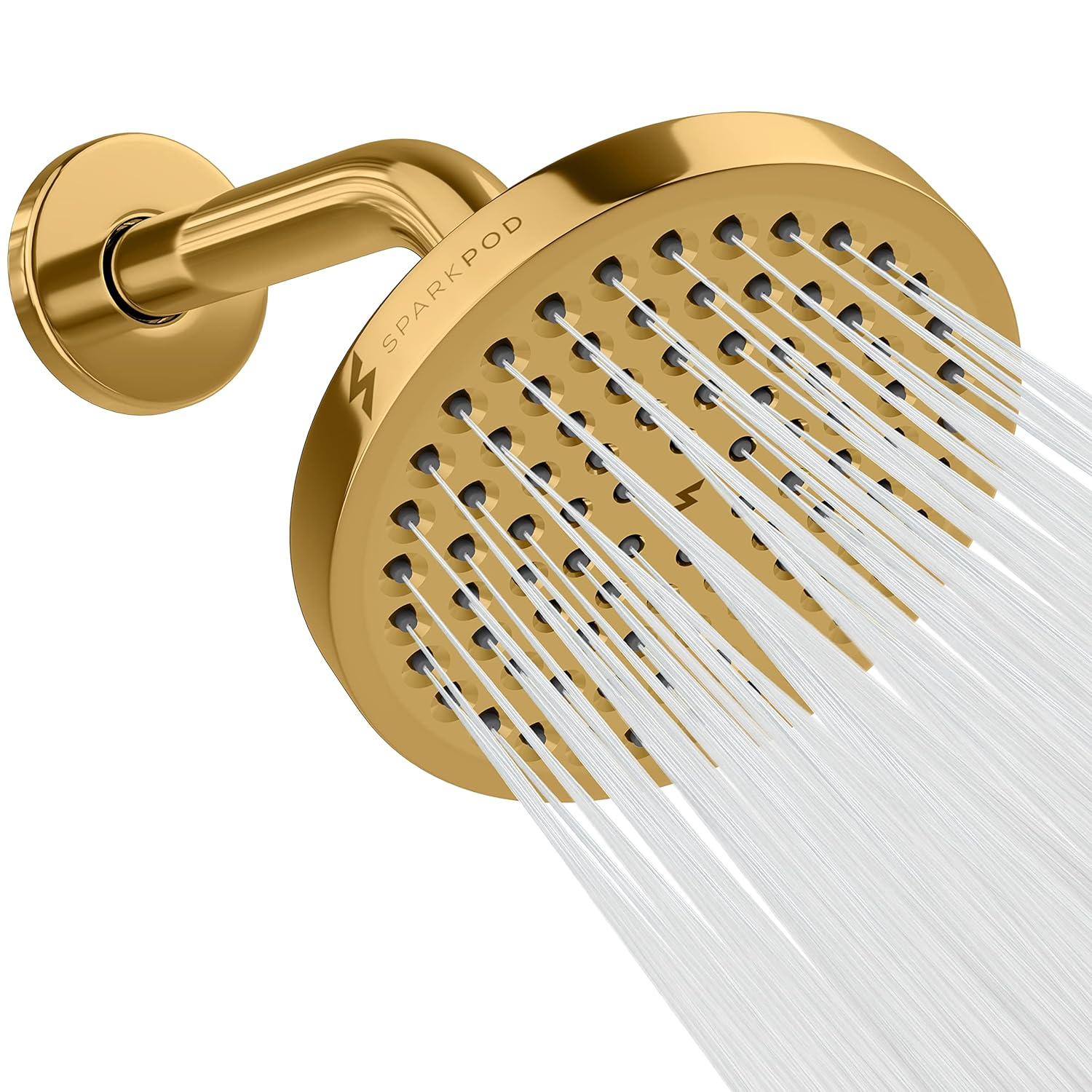 SparkPod 6" Rain Shower Head with 6" Shower Arm - High Pressure Rain - Luxury Modern Look - No Hassle Tool-less 1-Min Installation - Water Saving Shower Head - Luxury Spa Experience (Egyptian Gold)