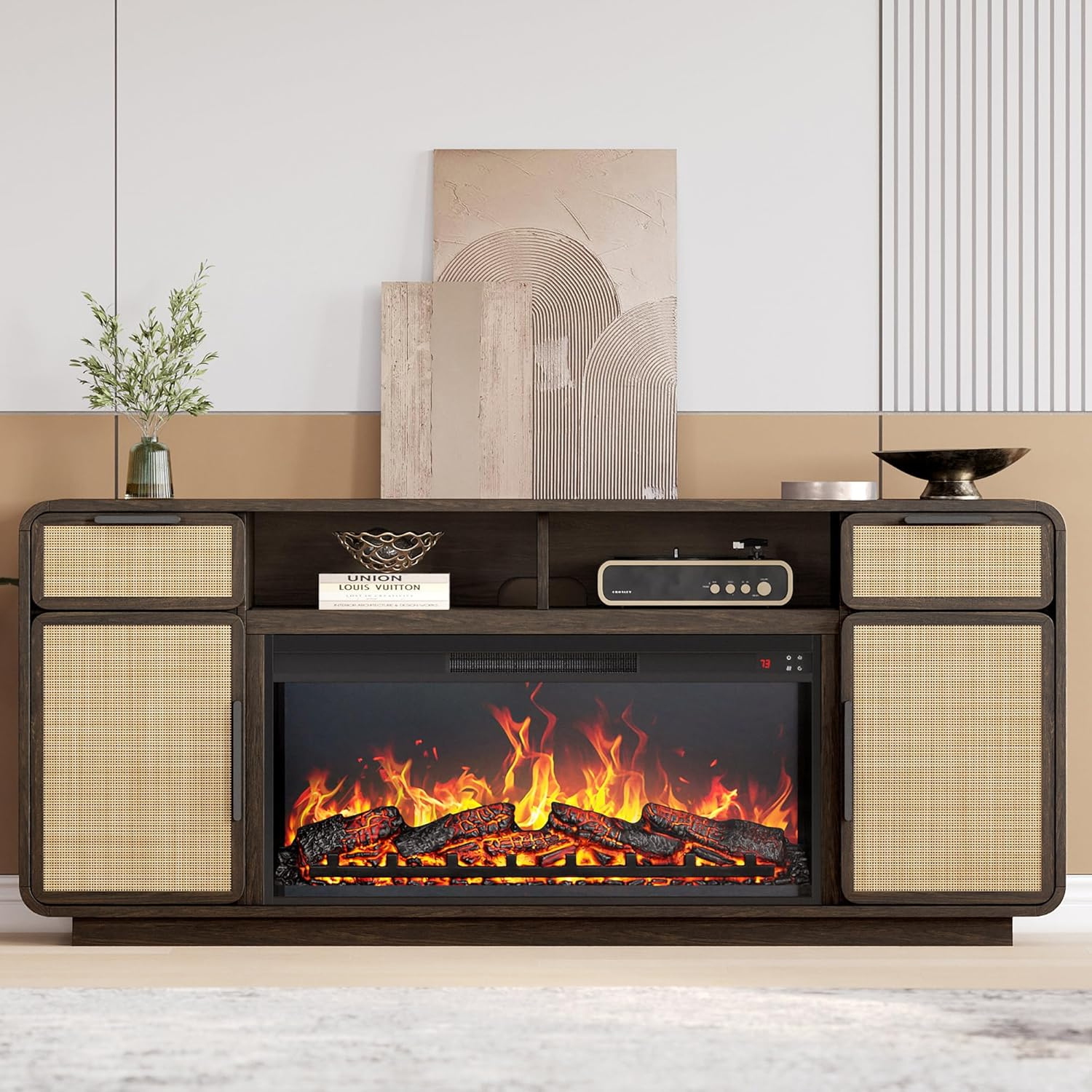 BELLEZE 68" TV Stand for TV Up to 75", Entertainment Center with 36" Electric Fireplace Heater, Rattan Decorated Console Table Storage Cabinet for Living Room, Bedroom - Bower(Brown)