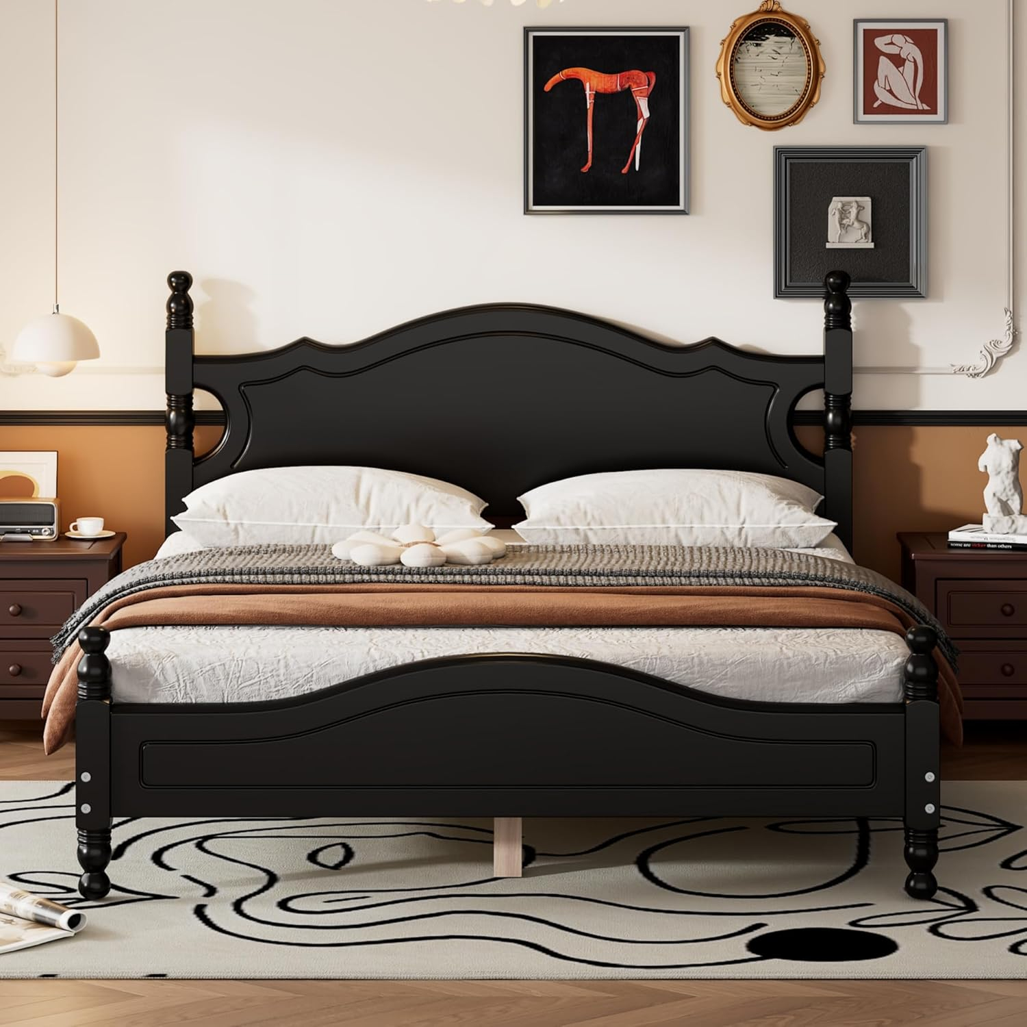 Queen Size Wood Platform Bed Frame for Boys Girls Kids Toddler,Retro Style Platform Bed with Wooden Slat Support,Black