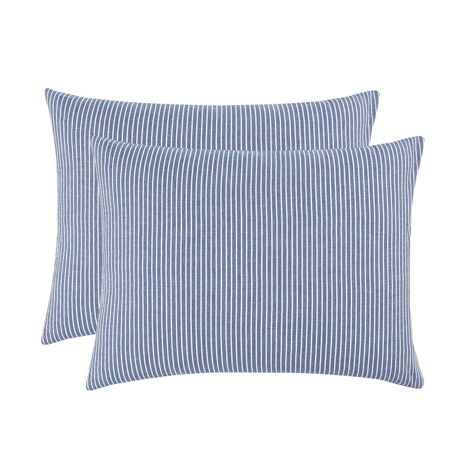 Wake In Cloud - Striped Pillow Cases, 100% Washed Cotton, Ticking Stripe Vertical Pinstripe Neutral Farmhouse, Set of 2 Pillowcases Pillow Shams Covers, Gray, Standard Size 20x26 Inches