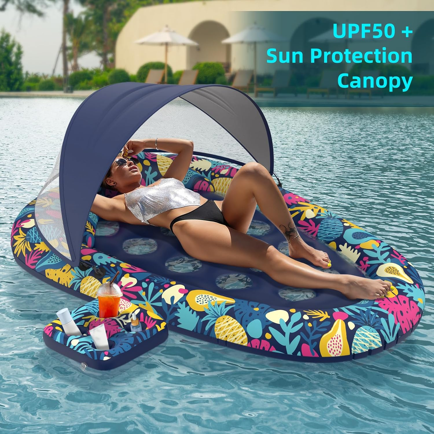 3-in-1 Pool Floats with Canopy Cup Holder, XL Large 73" x 48" Inflatable Pool Floats for Adults Lounger Raft Floating Chair for Swimming Pool Lake Water Lounge Float Beach Pool Party Toys