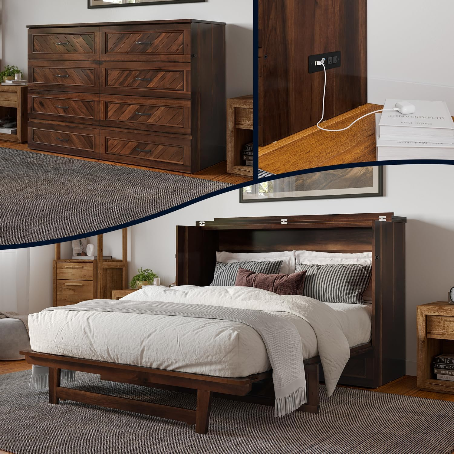 AFI Alpine Queen Wood Murphy Bed Chest with Mattress and Built-in Charger, White