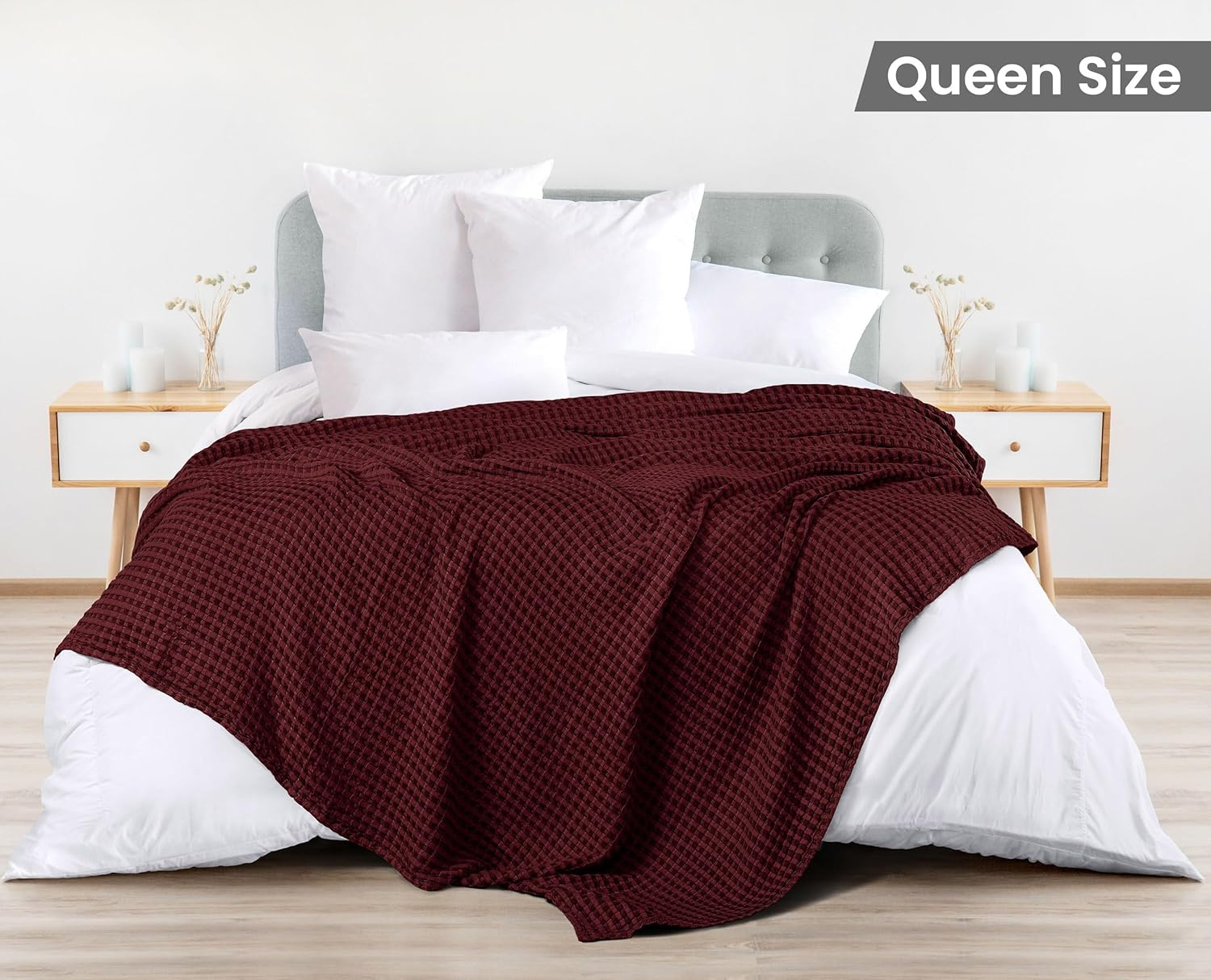 Utopia Bedding Burgundy 100% Cotton Waffle Blanket 300 GSM [Queen - 90x90 Inch] Soft Lightweight Breathable Bed Blanket for All Season