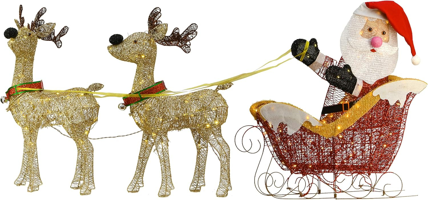 National Tree Company Pre-Lit Christmas Decoration, Red, Gold, Reindeer Pulling Santa's Sleigh, Crystal Splendor, 225 Warm White LED Lights, Ground Stakes Included, 31 Inch, 33 Inch