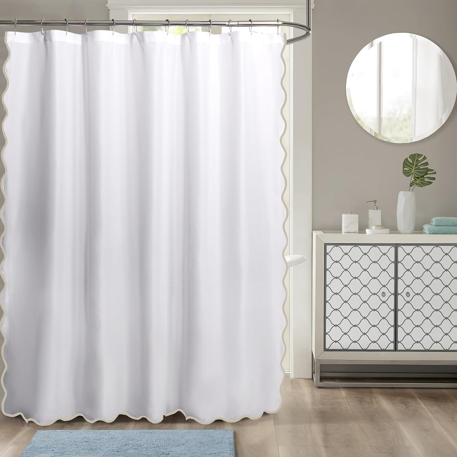 Boho Chic Aesthetic Scallop Edge Shower Curtain, Decorative Coastal Bathroom Curtain for Home Decor, 72 x 72 White and Navy Elegant Minimalist Textured Cloth Bath Curtain (LQ-36)