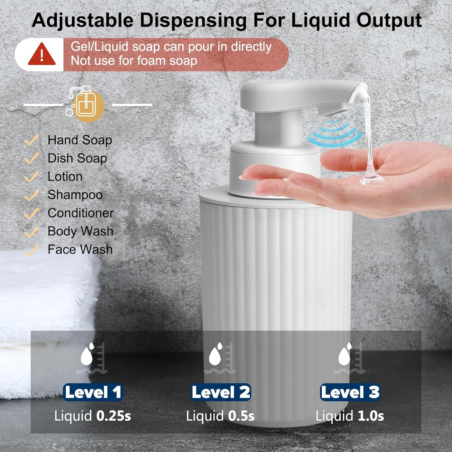 Automatic Soap Dispenser Liquid Touchless: 9oz White Plastic - Rechargeable Electric Smart 3 Level Adjustable Auto Hand Soap Dispenser - Dish Bathroom Kitchen