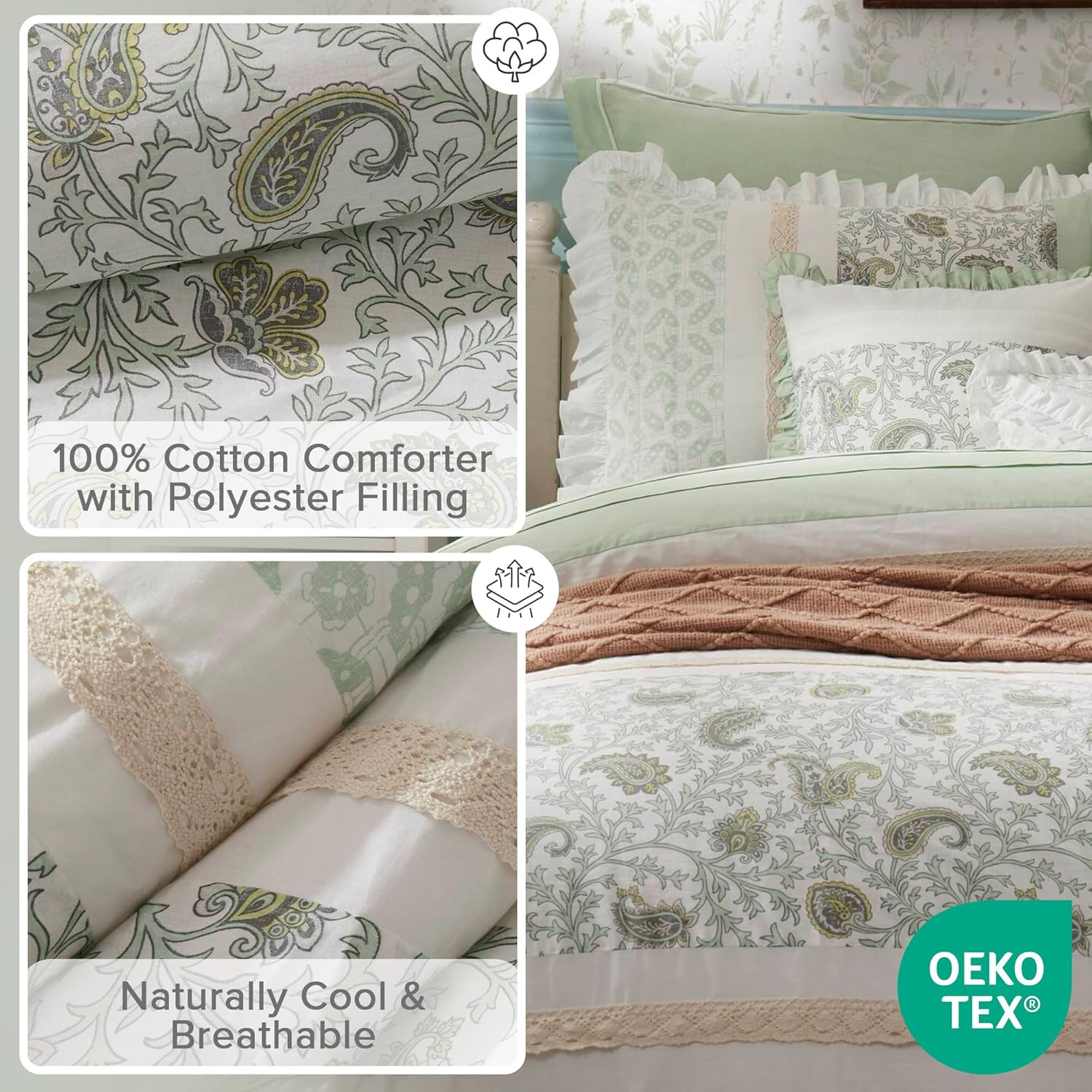 Madison Park Cal King Cotton 9-Piece Comforter Set with Lace Taping Pintucked Printed Bed in a Bag Bedding Set with Decorative Pillows and Euro Shams, Sage Green