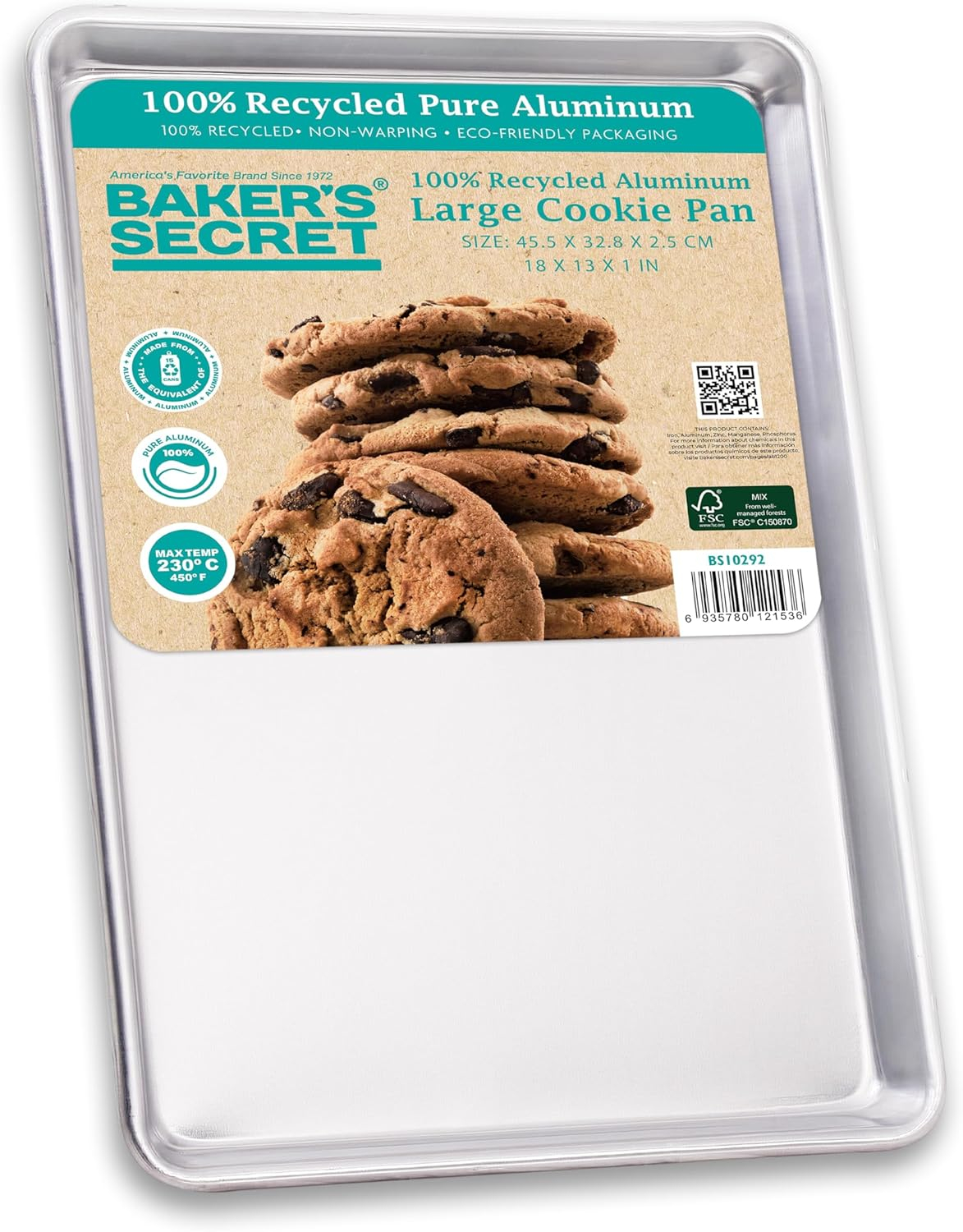 Baker's Secret 18"x13" Pure Aluminum Cookie Sheet, 100% Recycled Aluminum, Baking Sheet Cookie Sheets for Baking, 0.8mm Extra Thick Baking Pan, Commercial Grade, The Natural Aluminum Collection
