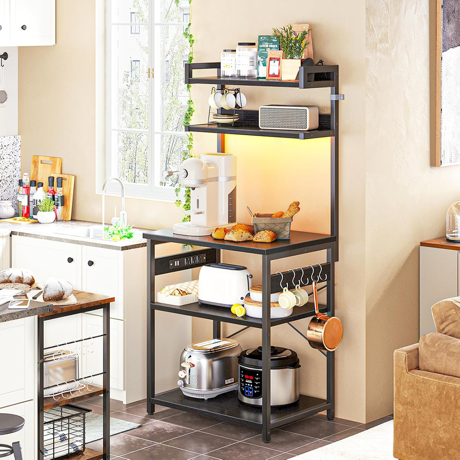 ODK Bakers Rack with Power Outlet, Coffee Bar with Storage 5-Tiers, Microwave Stand Kitchen rack 16.5 * 23.6 * 59 inches, Kitchen Shelf, Black