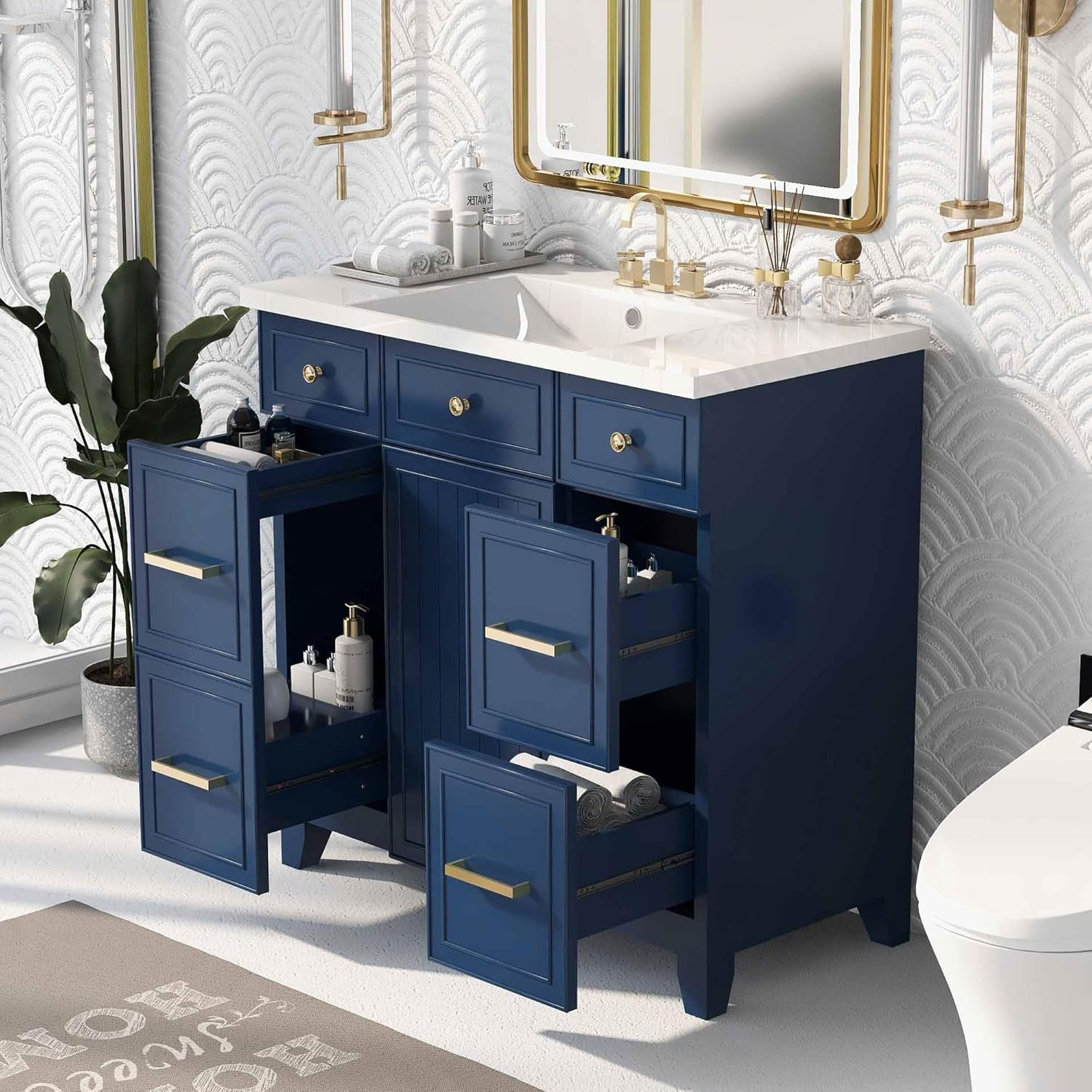 Miekor Furniture 36" Bathroom Vanity Cabinet with Sink Top Combo Set, Navy Blue, Single Sink, Shaker Cabinet with Soft Closing Door and Drawer W5UE-1