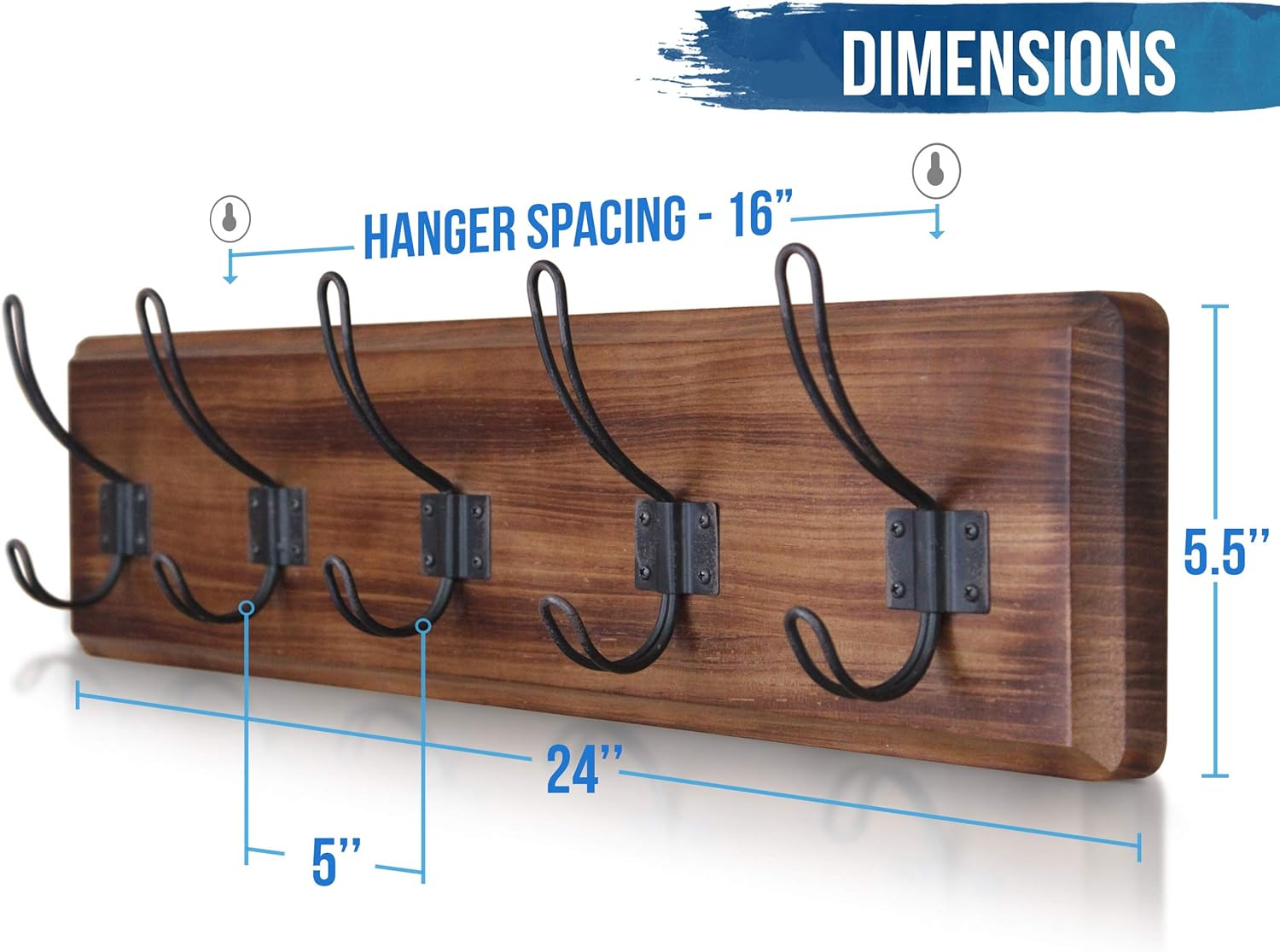 HBCY Creations Rustic Coat Rack with 5 Hooks - Rustic Brown Wall Mount 24" Coat Rack - Solid Pine Wood Entryway Hanger - Farmhouse Coat Rack for Kitchen, Bedroom