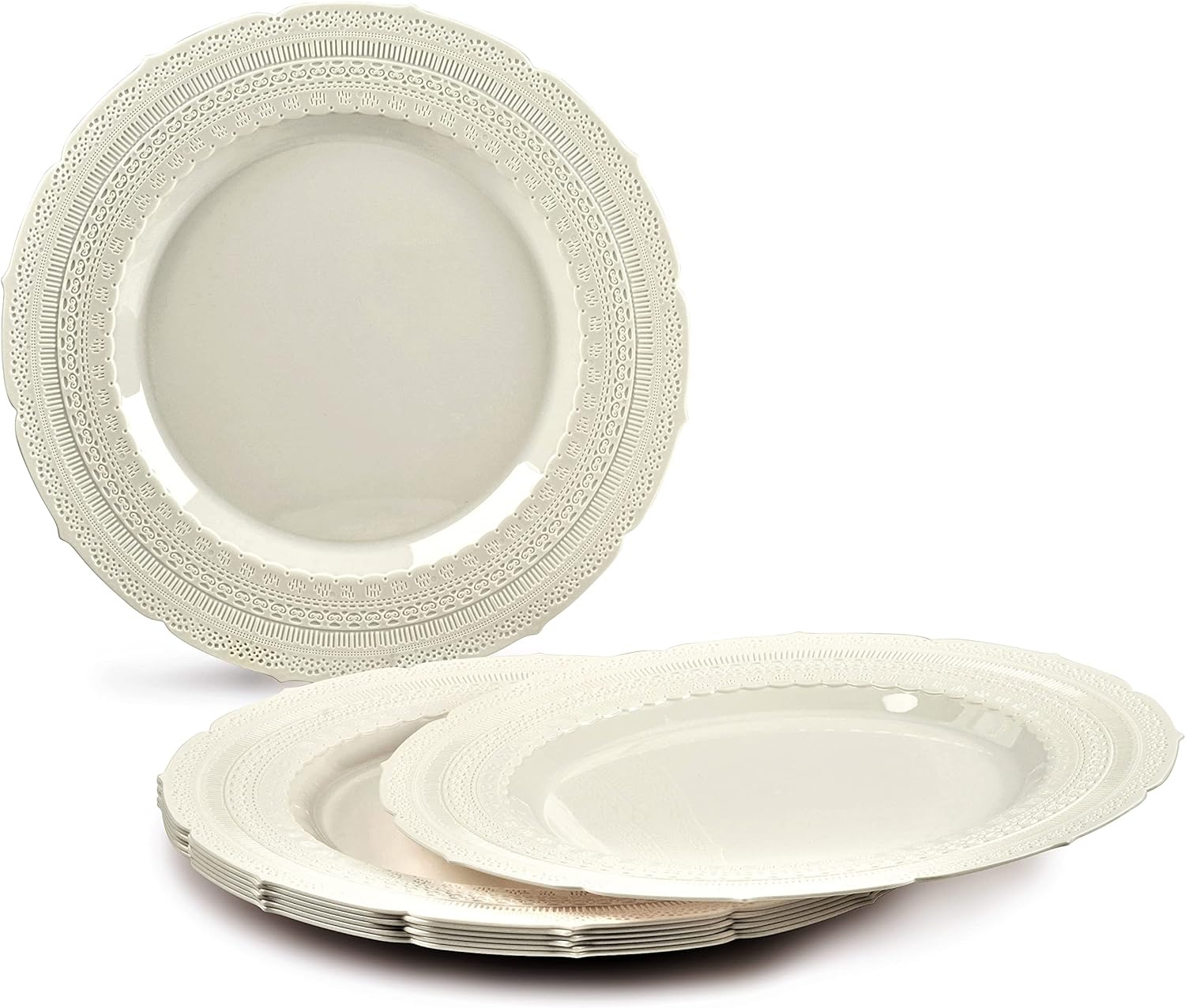 OCCASIONS 720 Pcs set(120 guest) - Extra Heavyweight Vintage Wedding Party Disposable Plastic Plates + Silverware (Double Fork) (Chateau in Ivory, Gold Silverware)