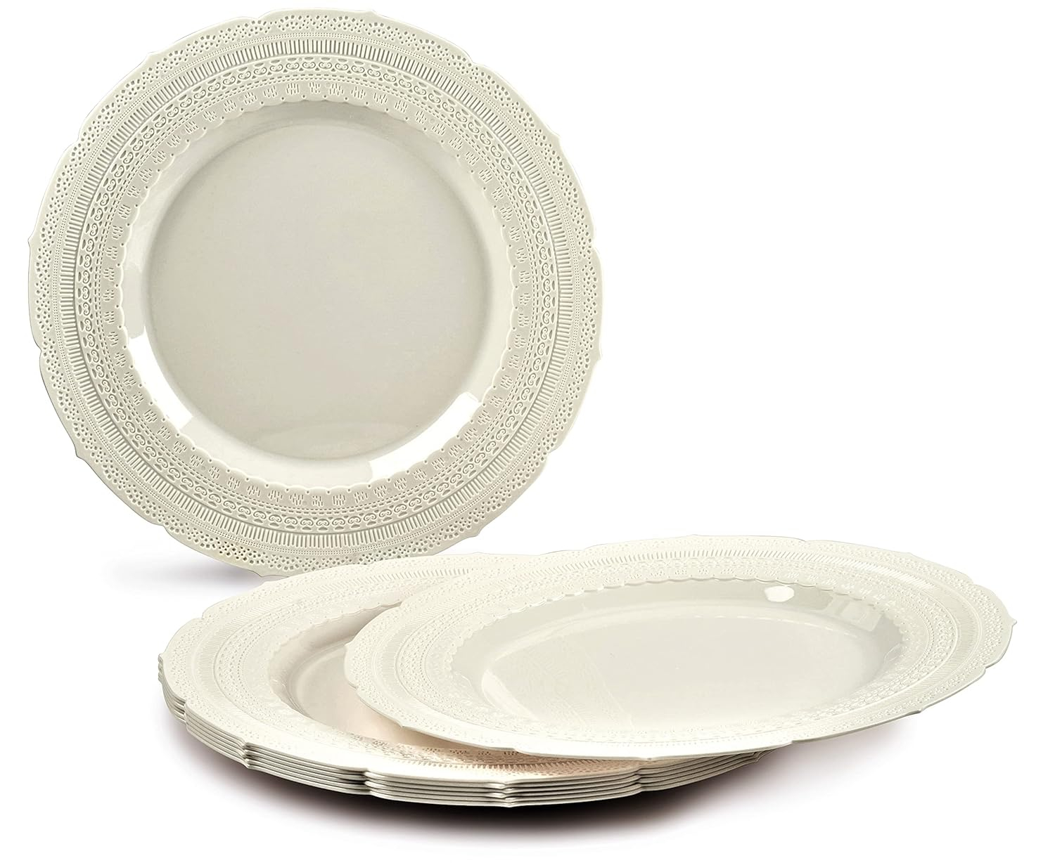 OCCASIONS 720 Pcs set(120 guest) - Extra Heavyweight Vintage Wedding Party Disposable Plastic Plates + Silverware (Double Fork) (Chateau in Ivory, Gold Silverware)