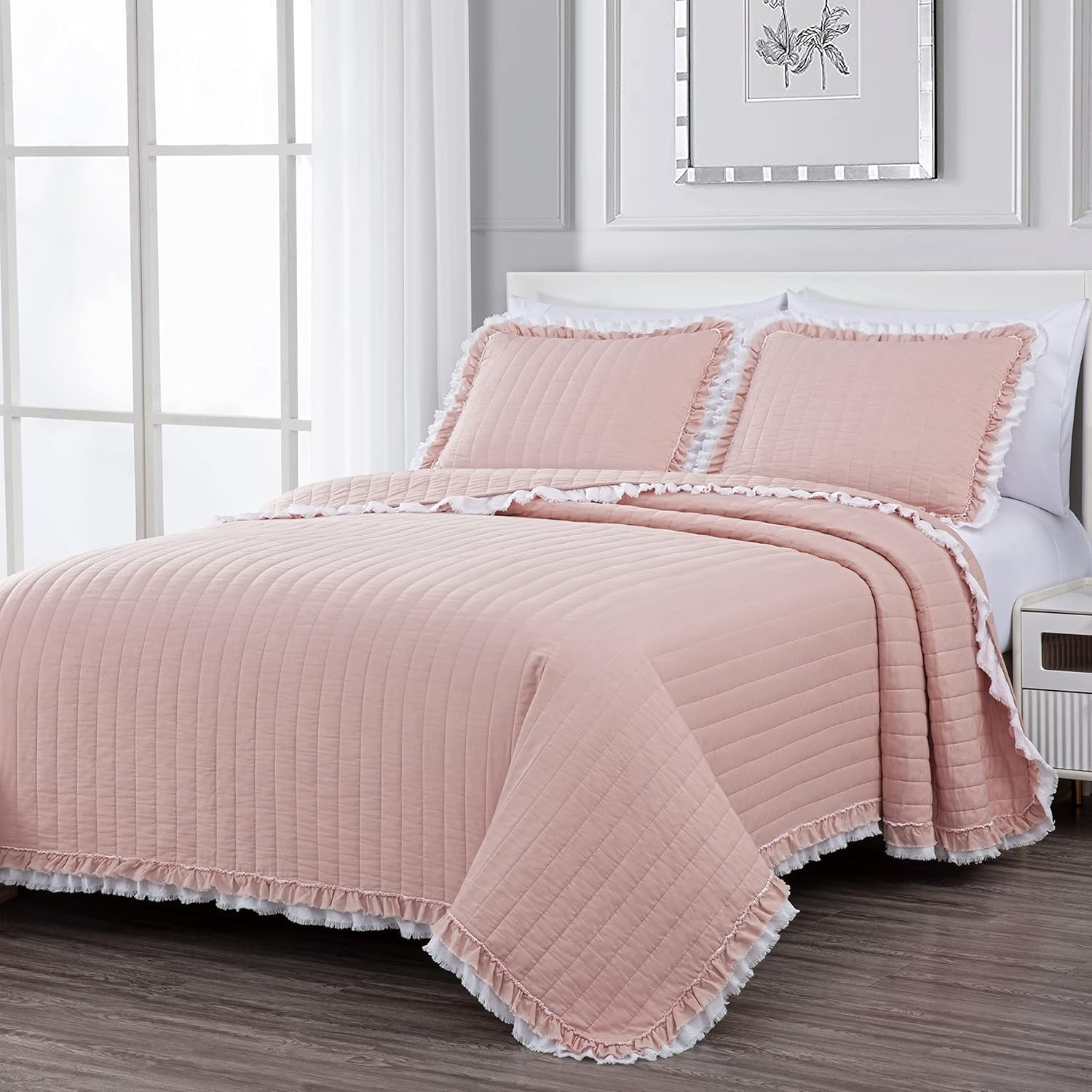 Blush Cotton King Quilt Set with Double Frayed Ruffle Edges