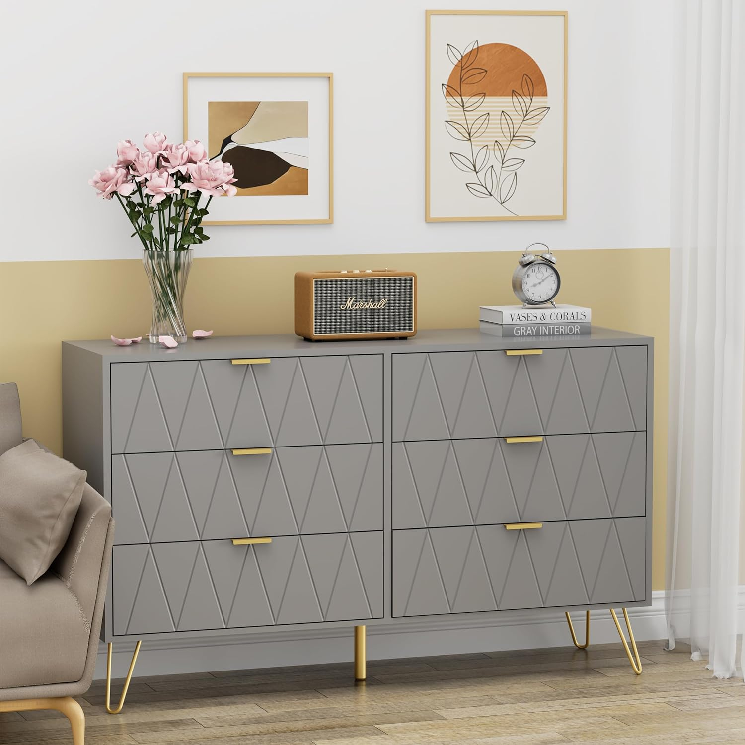 eclife 6 Drawer Dresser Drawer Chest Tall Storage Cabinet Organizer Unit Bedroom Living Room Large-Gray