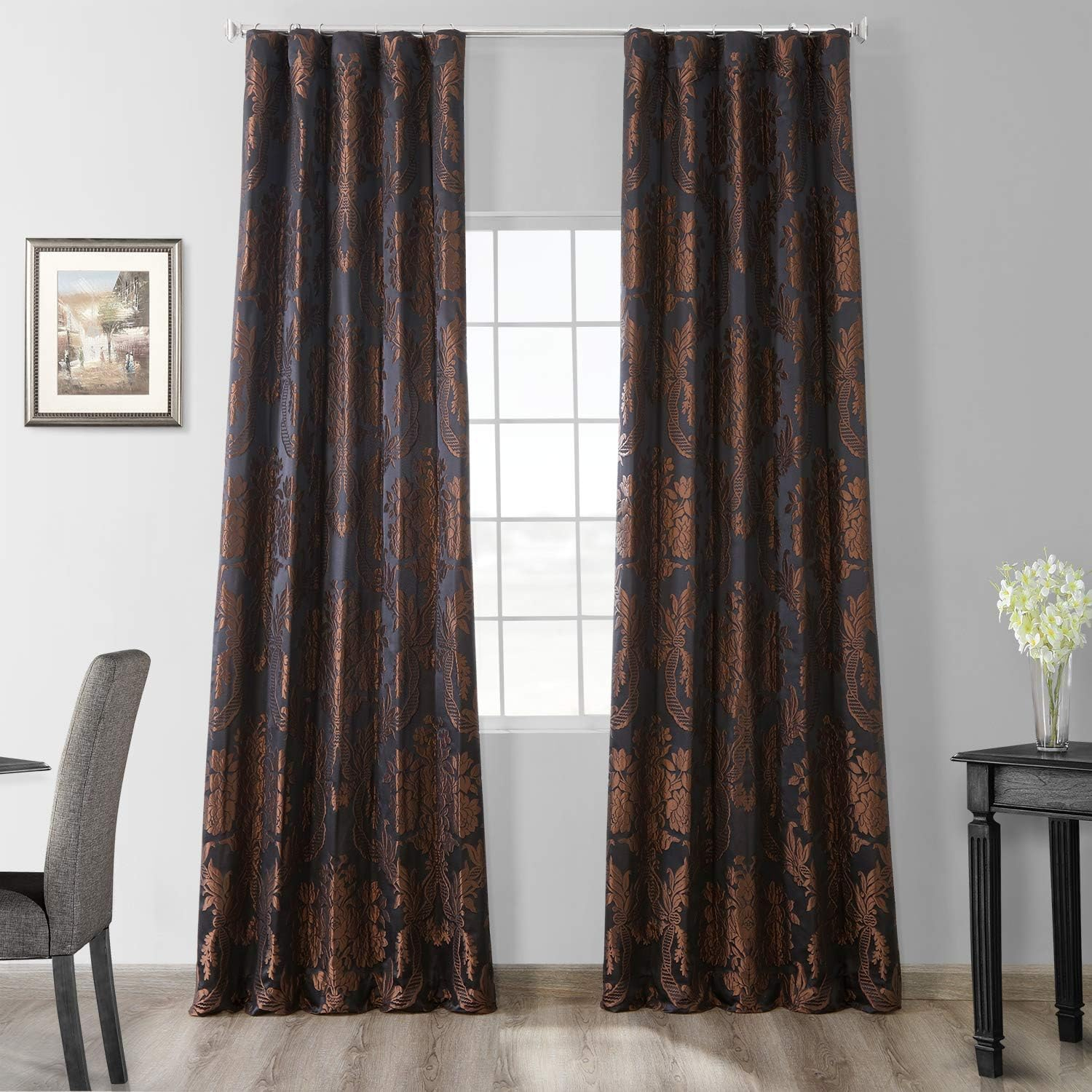 Black and Copper Faux Silk Room-Darkening Curtain Panel, 120" x 50"