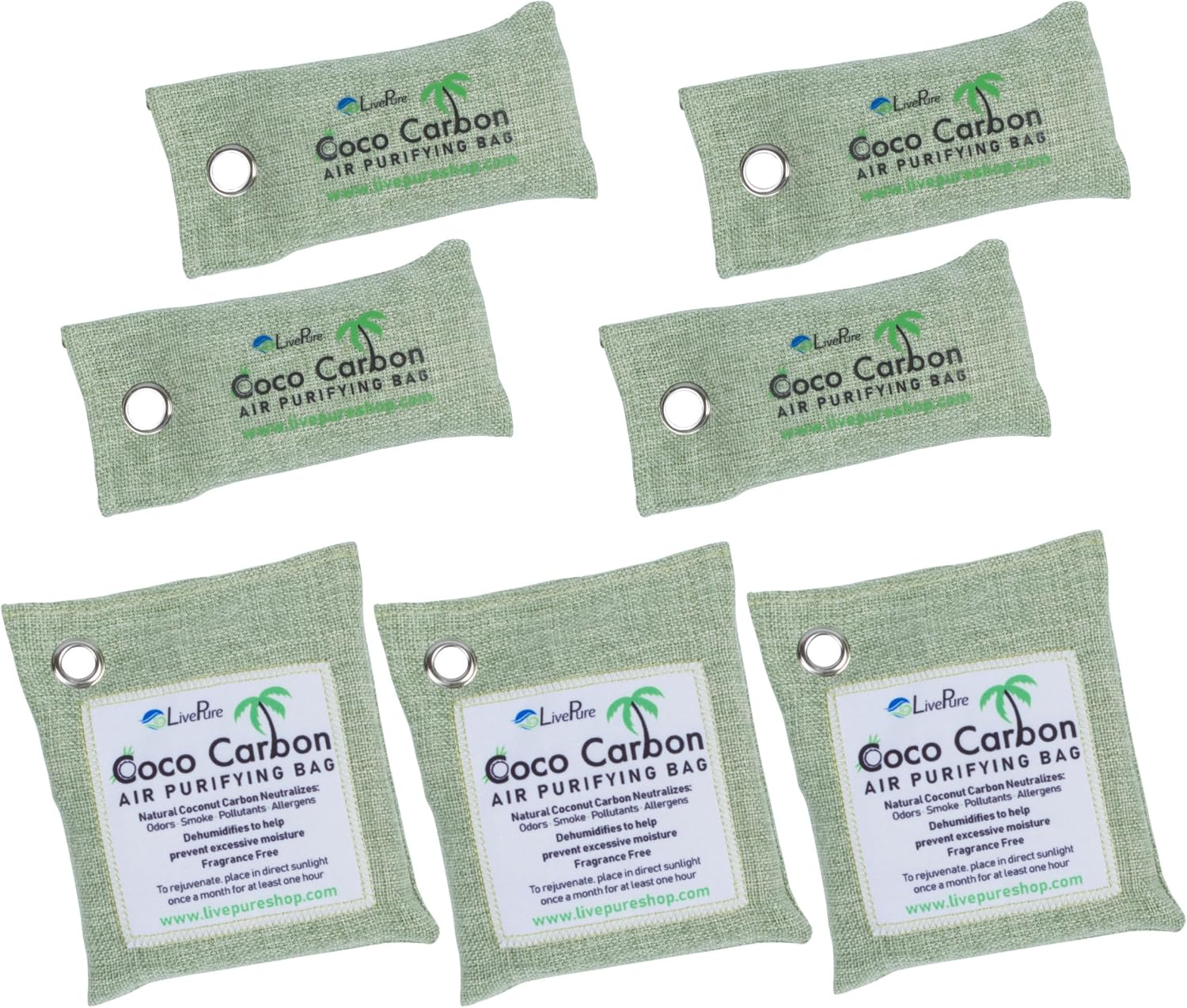 LivePure CocoCarbon Coconut Carbon Air Purifying Bag Odor Eliminator 7-Pack, Mint