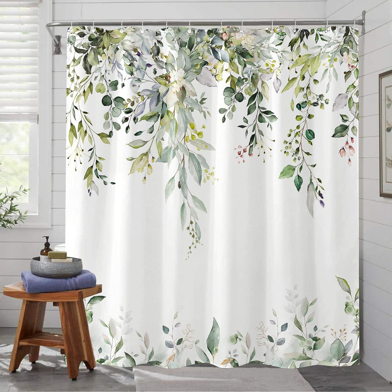 kampdream Eucalyptus Plant Rustic Shower Curtain, Watercolor Leaves On The Top Country Farm House Shower Curtain, Spring Botanical Bathroom Curtain 72 ×72 Inch