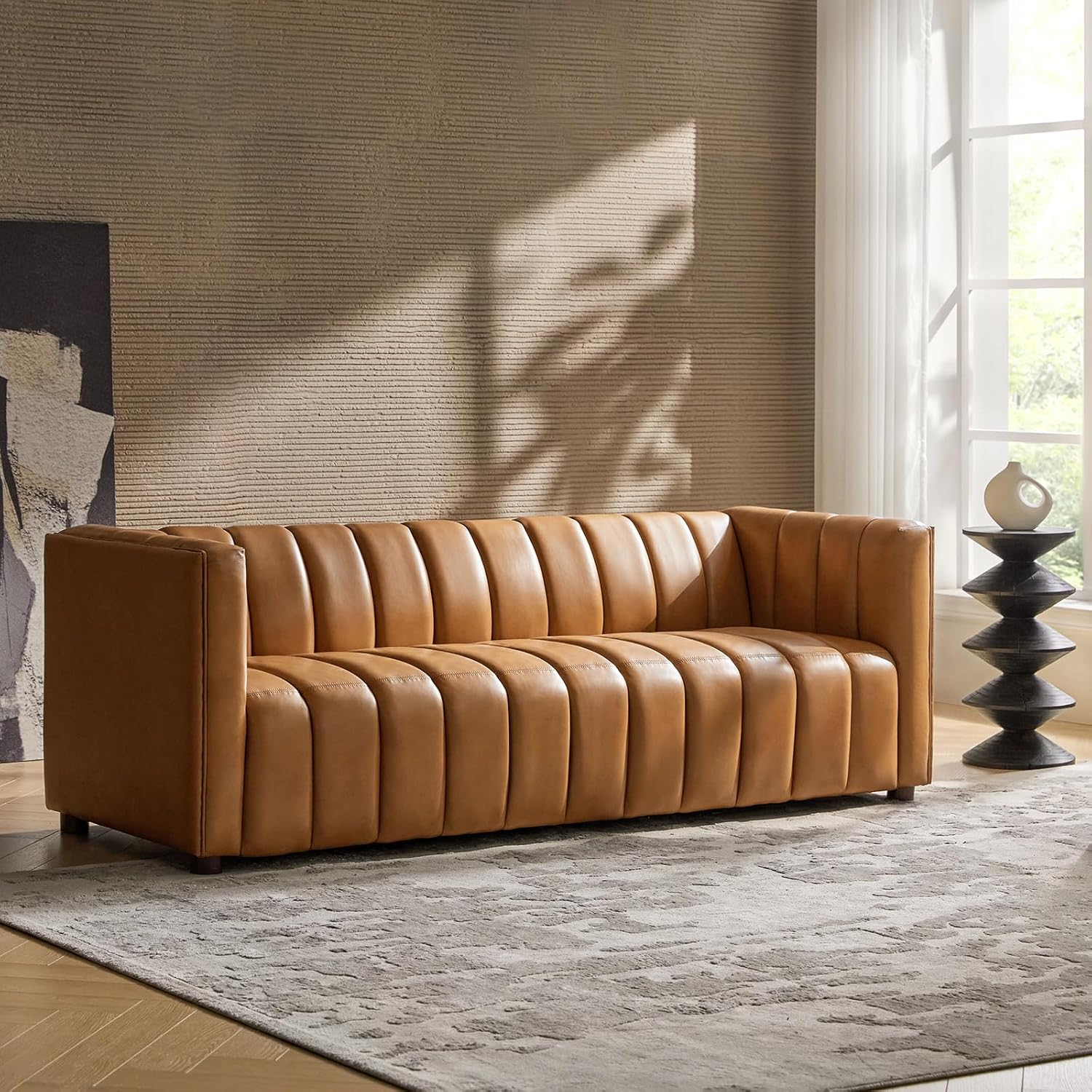 HULALA HOME 83" Genuine Leather Sofa with Channel Tufted Design, 3-Seater Sofa for Living Room Bedroom, Modern Oversized Couch with Wood Legs, Camel