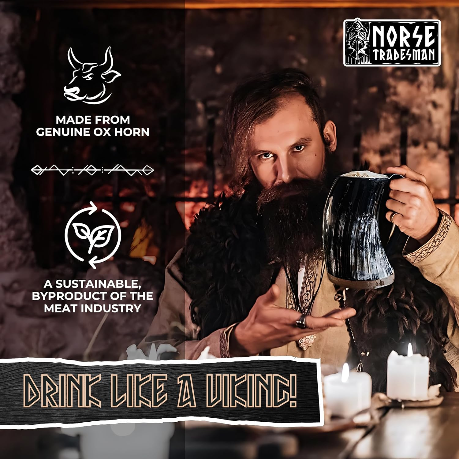 Norse Tradesman Genuine LG Viking Drinking Horn Mug - 100% Authentic Beer Horn Tankard With Hardwood Bottom & Ring Engravings | "The Eternal", Unpolished, approx. 16 oz