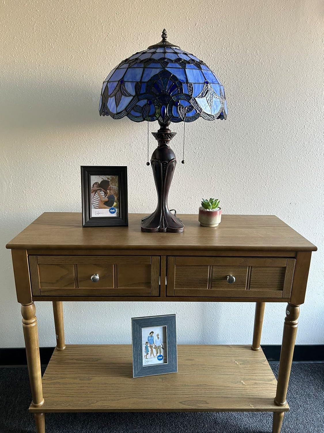 Tiffany Table Lamp Blue Stained Glass Baroque Style Lavender LED Bulbs Included for Living Room Bedroom Bedside 16'W*16"D*24"H