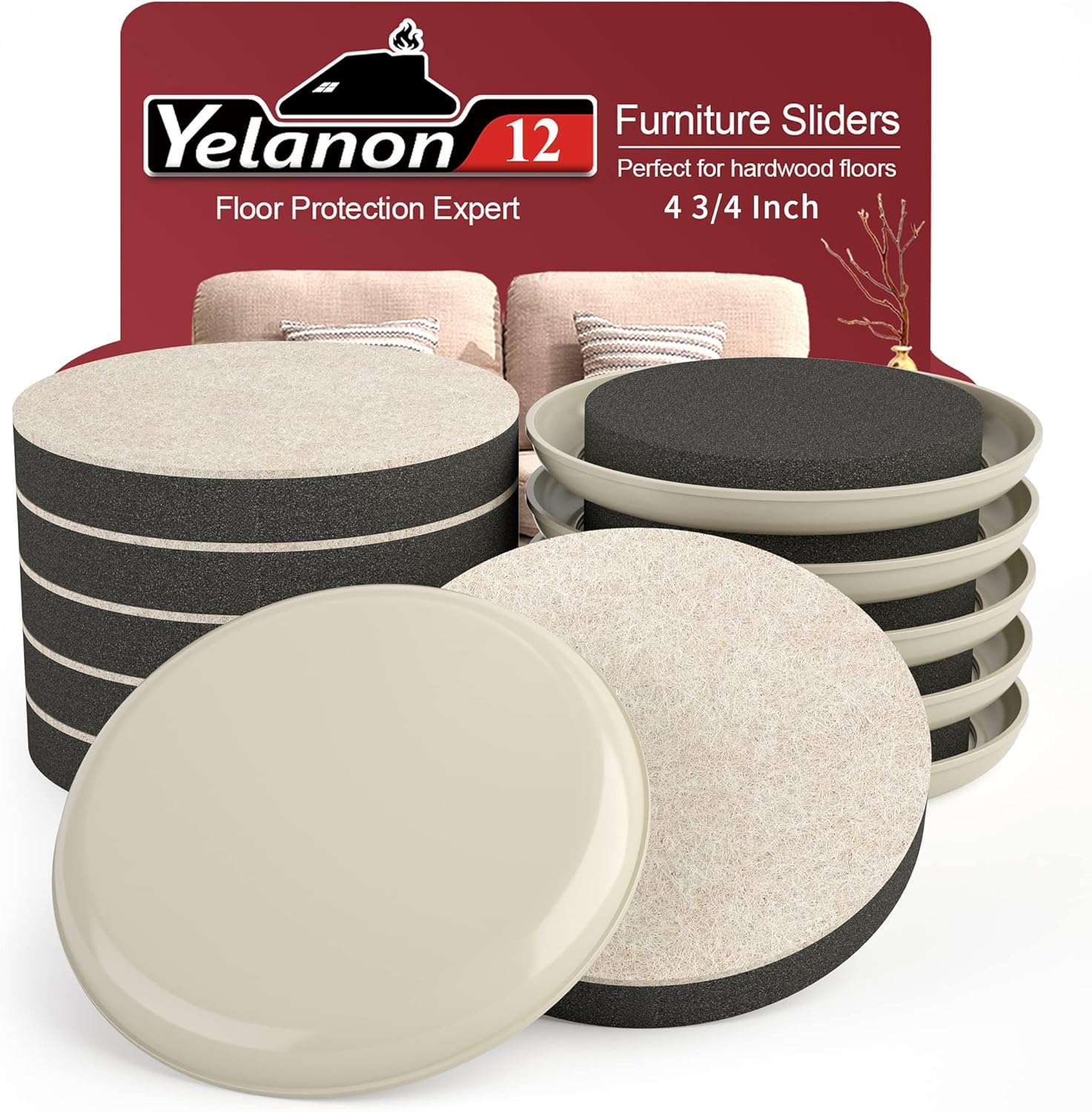Yelanon Furniture Sliders, 12 pcs-4 3/4” Felt Furniture Sliders for Carpet, Furniture Pads Hardwoods Floors, Heavy Furniture Movers Sliders, Reusable Furniture Moving Pads,Carpet Protectors
