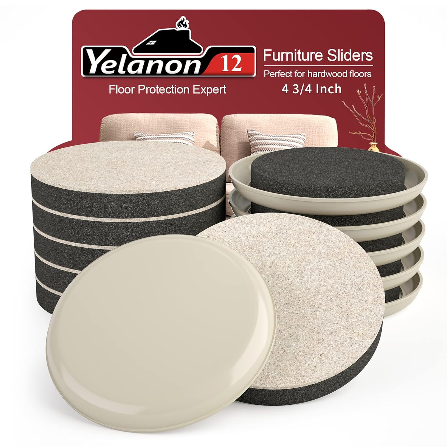 Yelanon Furniture Sliders, 12 pcs-4 3/4” Felt Furniture Sliders for Carpet, Furniture Pads Hardwoods Floors, Heavy Furniture Movers Sliders, Reusable Furniture Moving Pads,Carpet Protectors