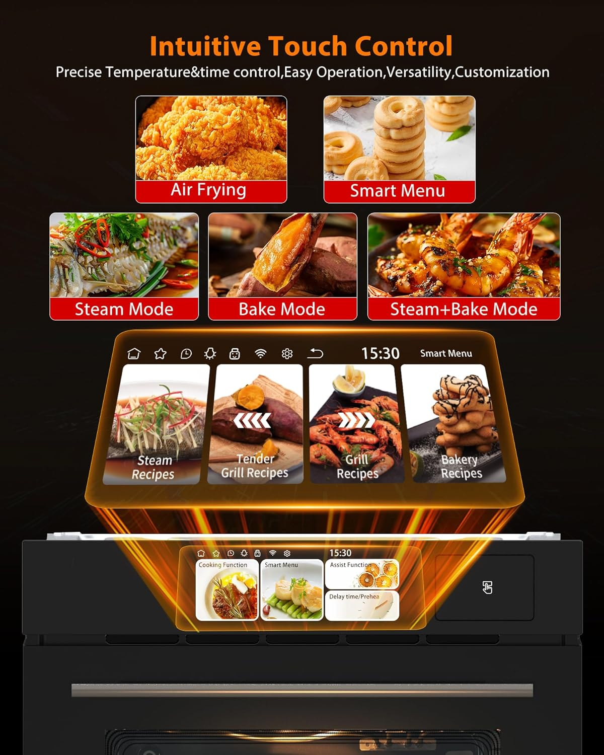24" Electric Ovens Single Wall Oven,2.5Cu.ft Convection Built-in Oven,with 8 Cooking Mode, 3000W, 240V,  Stainless Steel, Colorful Touch Screen, Transparent Window, Black