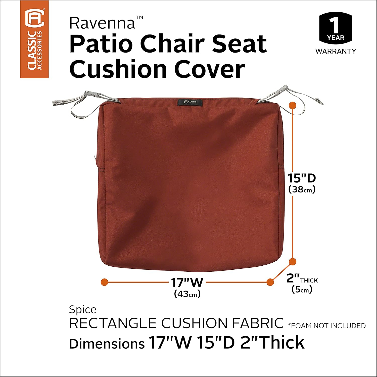 Classic Accessories Ravenna Water-Resistant 17 x 15 x 2 Inch Rectangle Outdoor Seat Cushion Slip Cover, Patio Furniture Chair Cushion Cover, Spice
