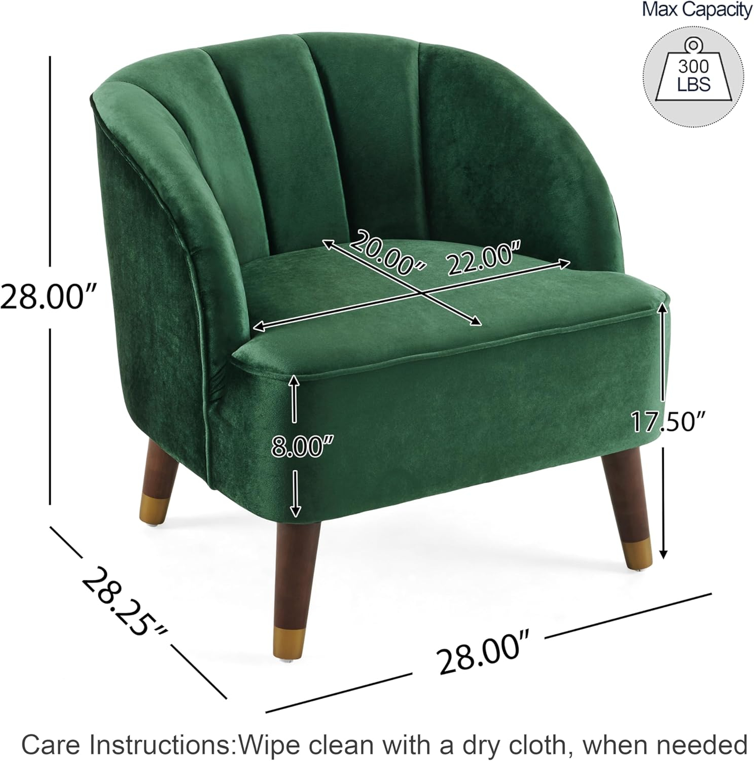 Christopher Knight Home Velvet Club Chair for Living Room, Upholstered Accent Chair, Reading Armchair with Wood Legs Barrel Chair Single Sofa for Bedroom Home Bars, Vintage Emerald 28.25" x 28" x 28"