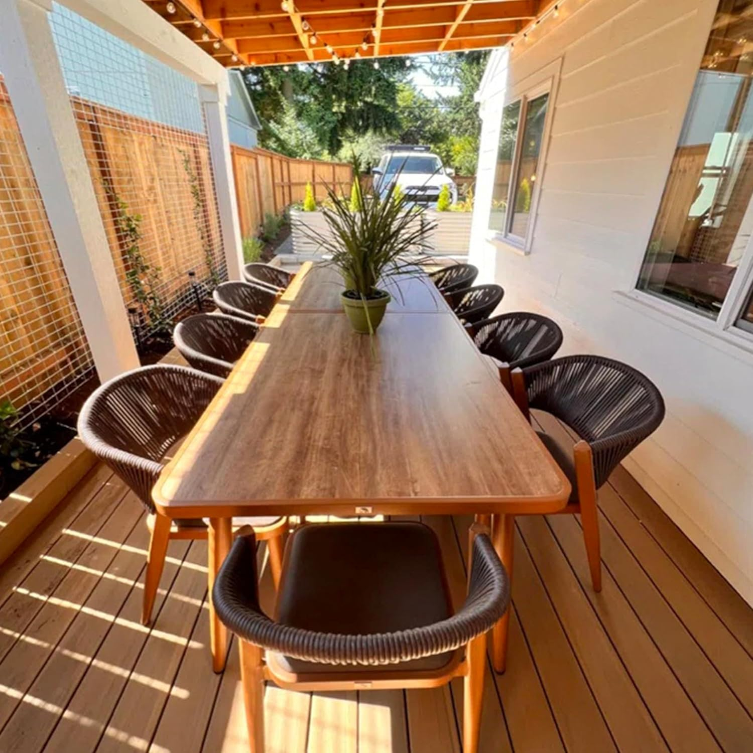 7-Piece Aluminum Wicker Dining Table and Chairs Patio Outdoor Dining Set Teak Patio Furniture Set with Cushions, Brown